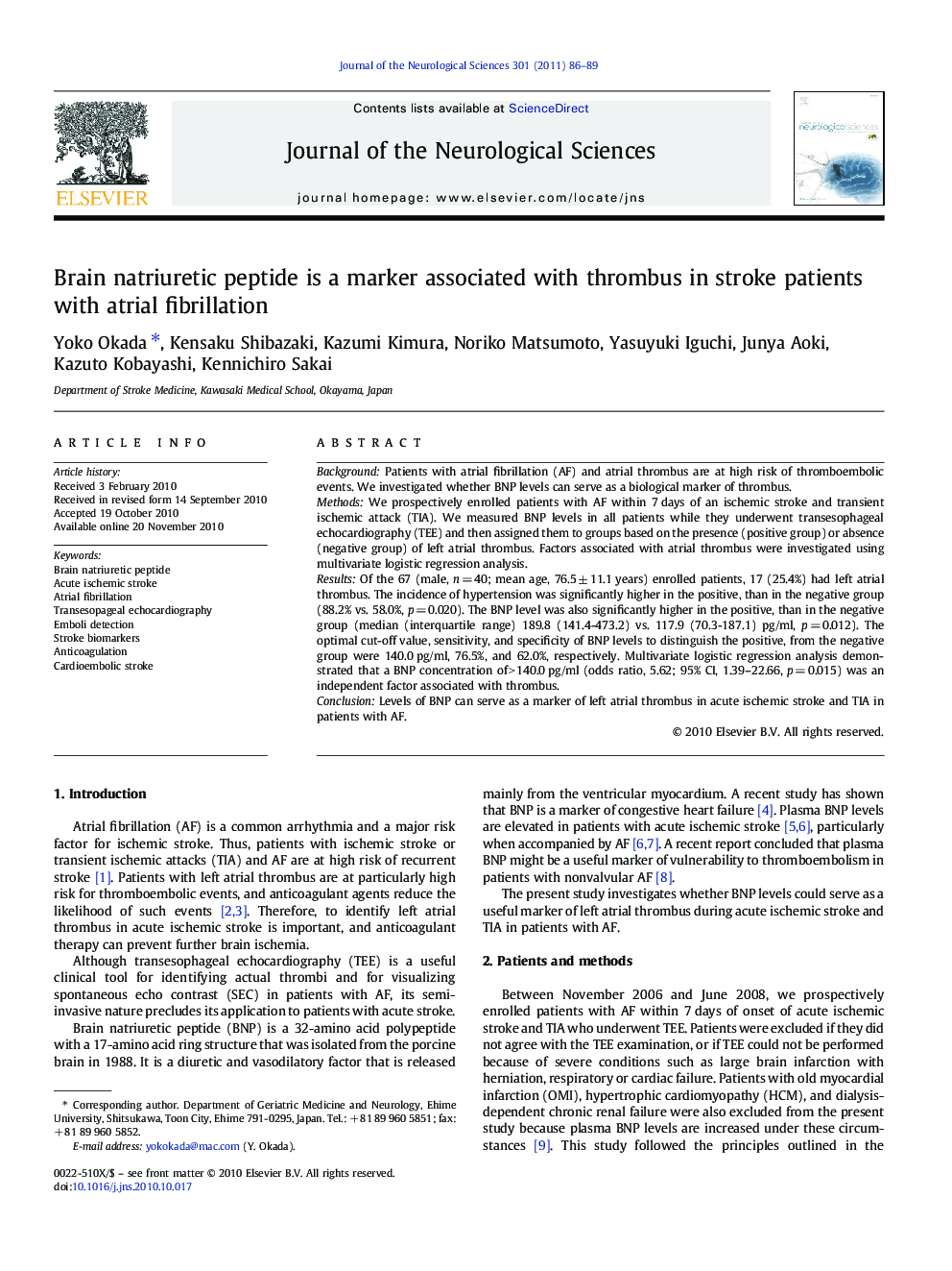 Brain natriuretic peptide is a marker associated with thrombus in stroke patients with atrial fibrillation