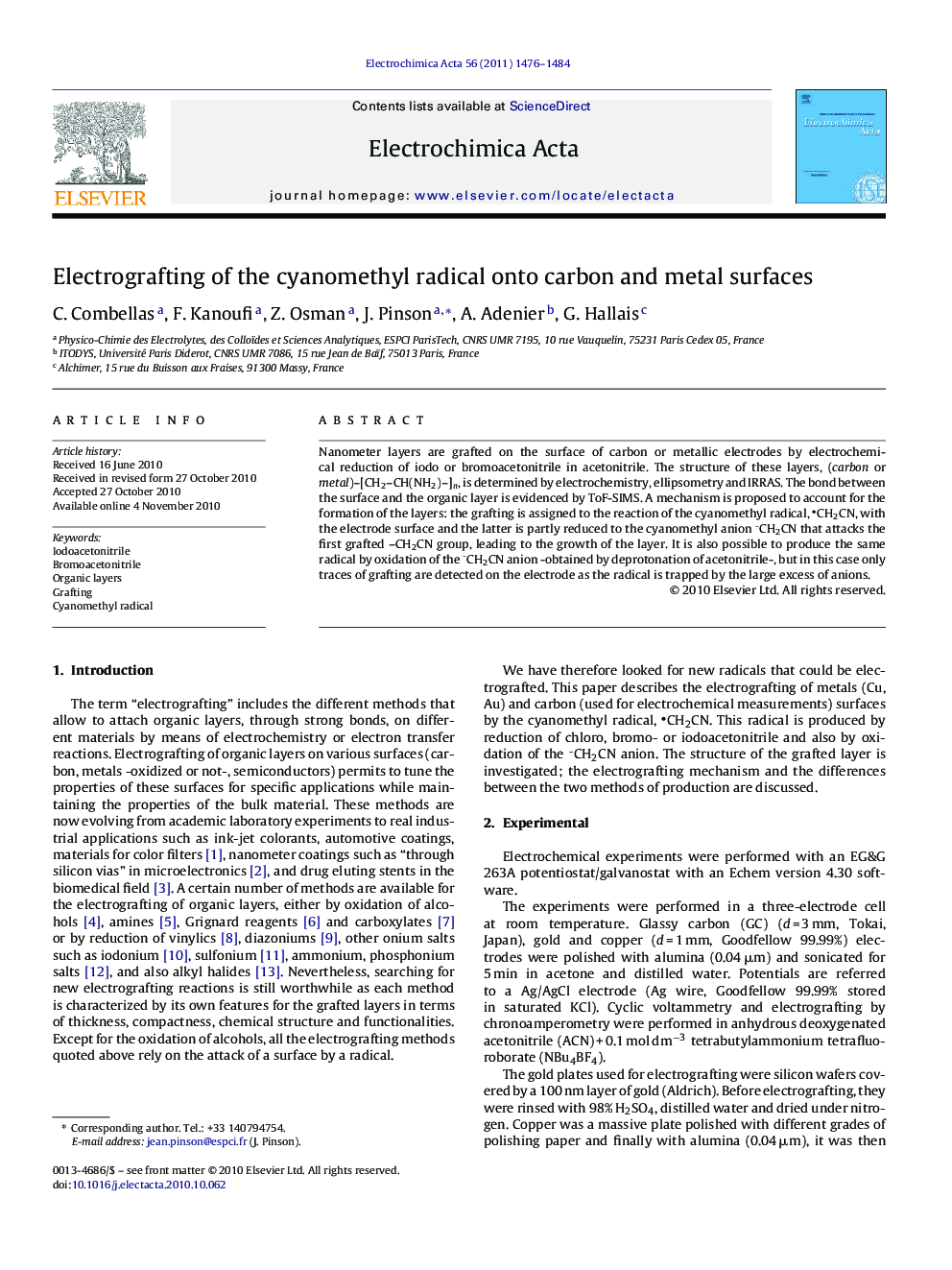 Electrografting of the cyanomethyl radical onto carbon and metal surfaces