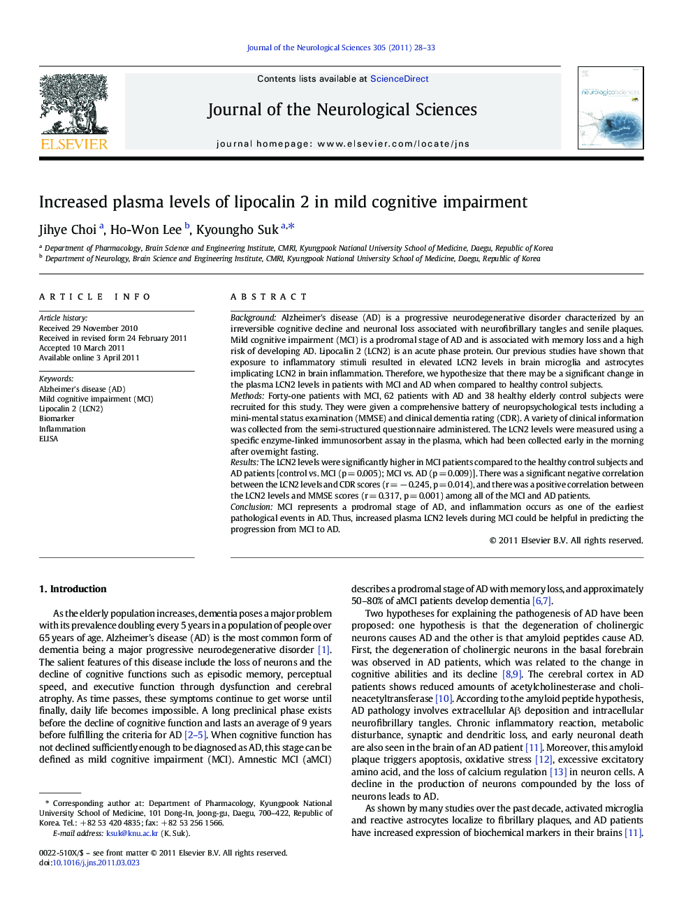 Increased plasma levels of lipocalin 2 in mild cognitive impairment