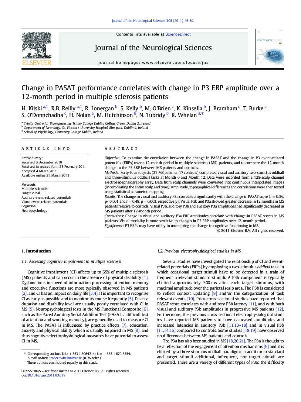 Change in PASAT performance correlates with change in P3 ERP amplitude over a 12-month period in multiple sclerosis patients