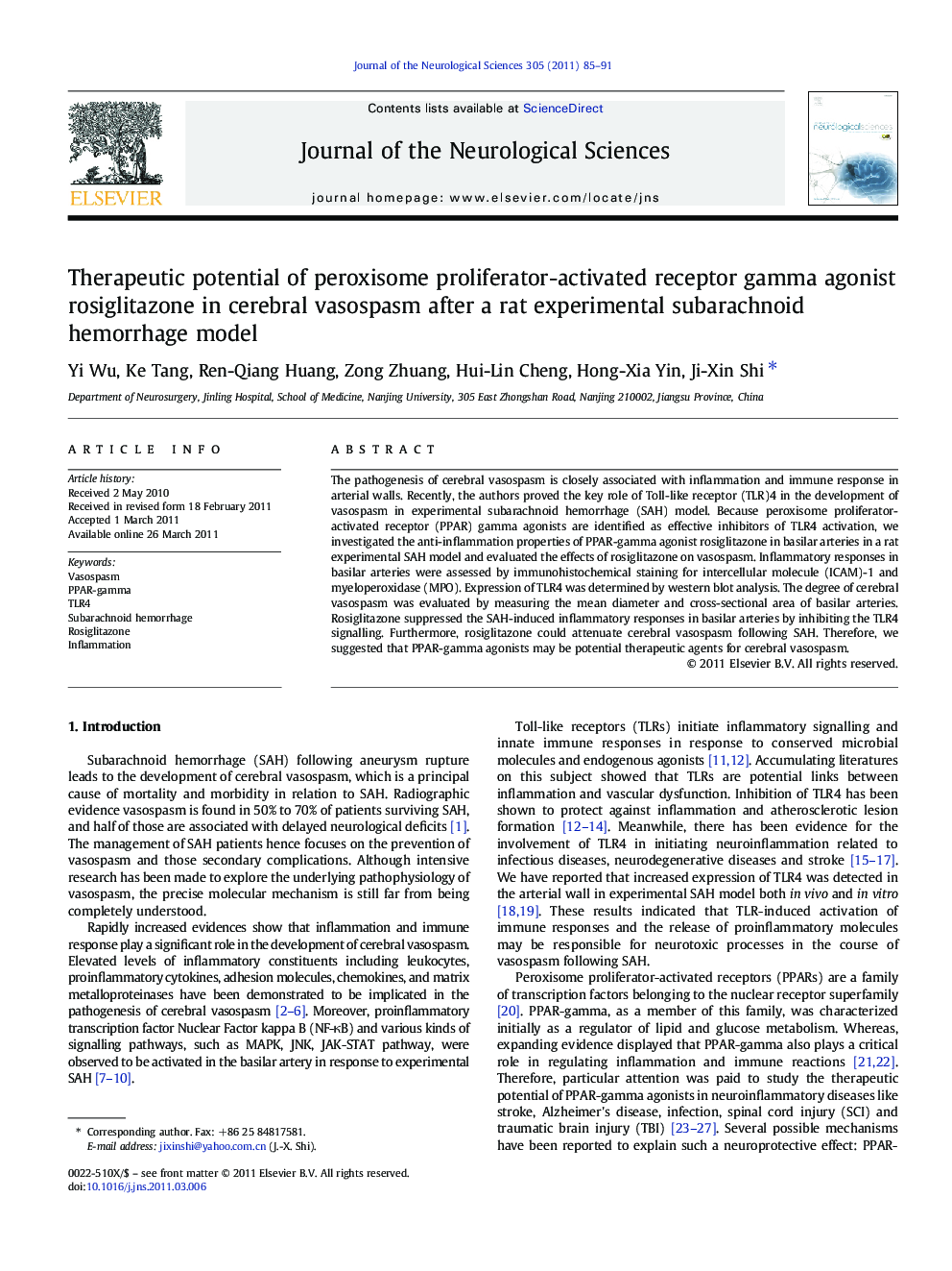 Therapeutic potential of peroxisome proliferator-activated receptor gamma agonist rosiglitazone in cerebral vasospasm after a rat experimental subarachnoid hemorrhage model