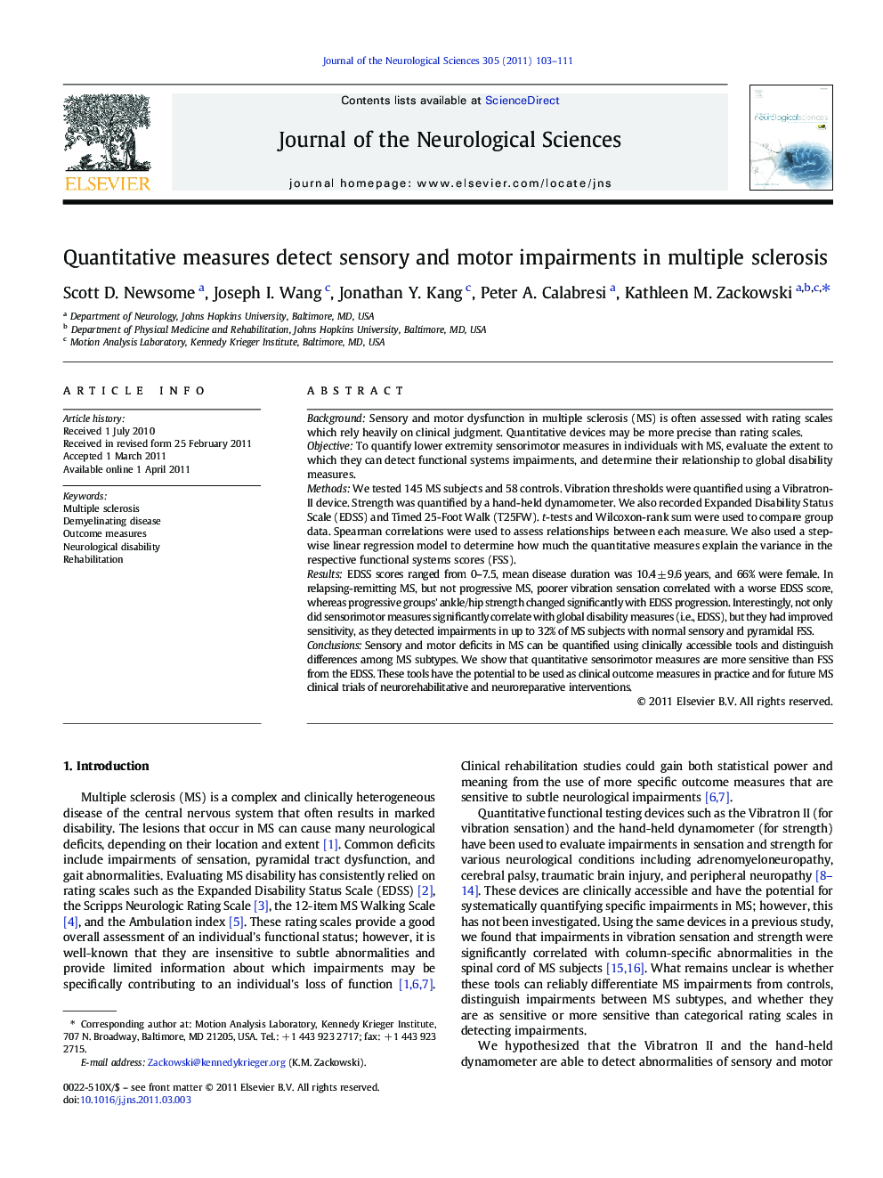 Quantitative measures detect sensory and motor impairments in multiple sclerosis