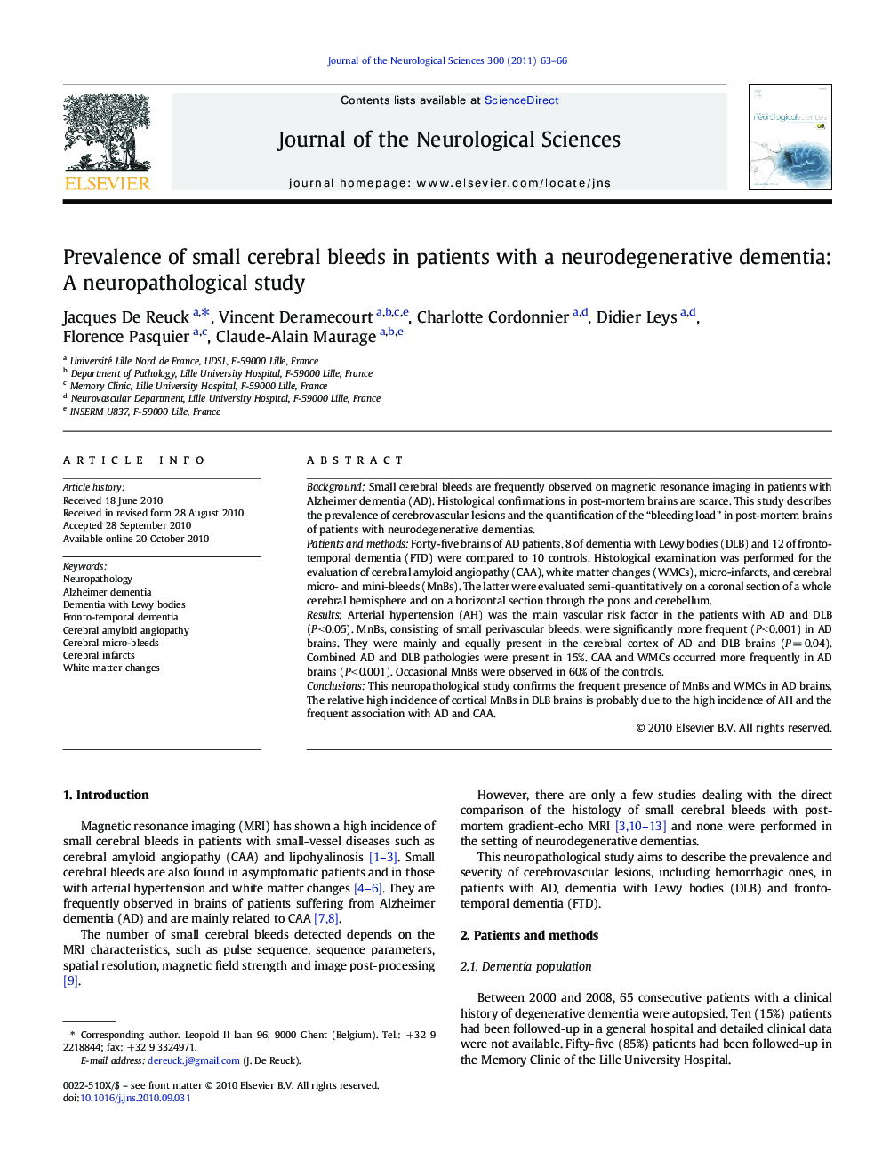 Prevalence of small cerebral bleeds in patients with a neurodegenerative dementia: A neuropathological study