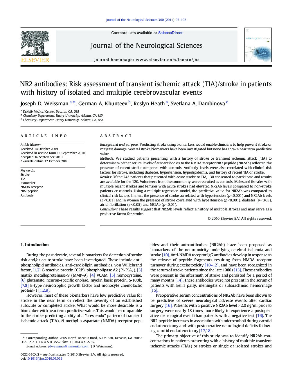 NR2 antibodies: Risk assessment of transient ischemic attack (TIA)/stroke in patients with history of isolated and multiple cerebrovascular events