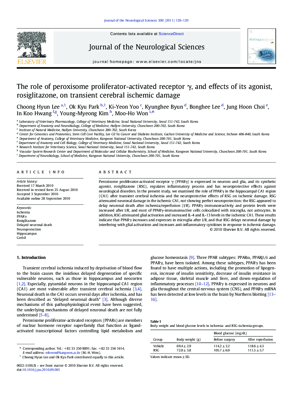 The role of peroxisome proliferator-activated receptor γ, and effects of its agonist, rosiglitazone, on transient cerebral ischemic damage