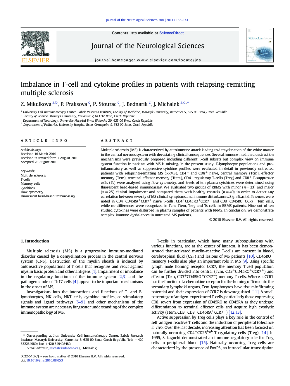 Imbalance in T-cell and cytokine profiles in patients with relapsing-remitting multiple sclerosis