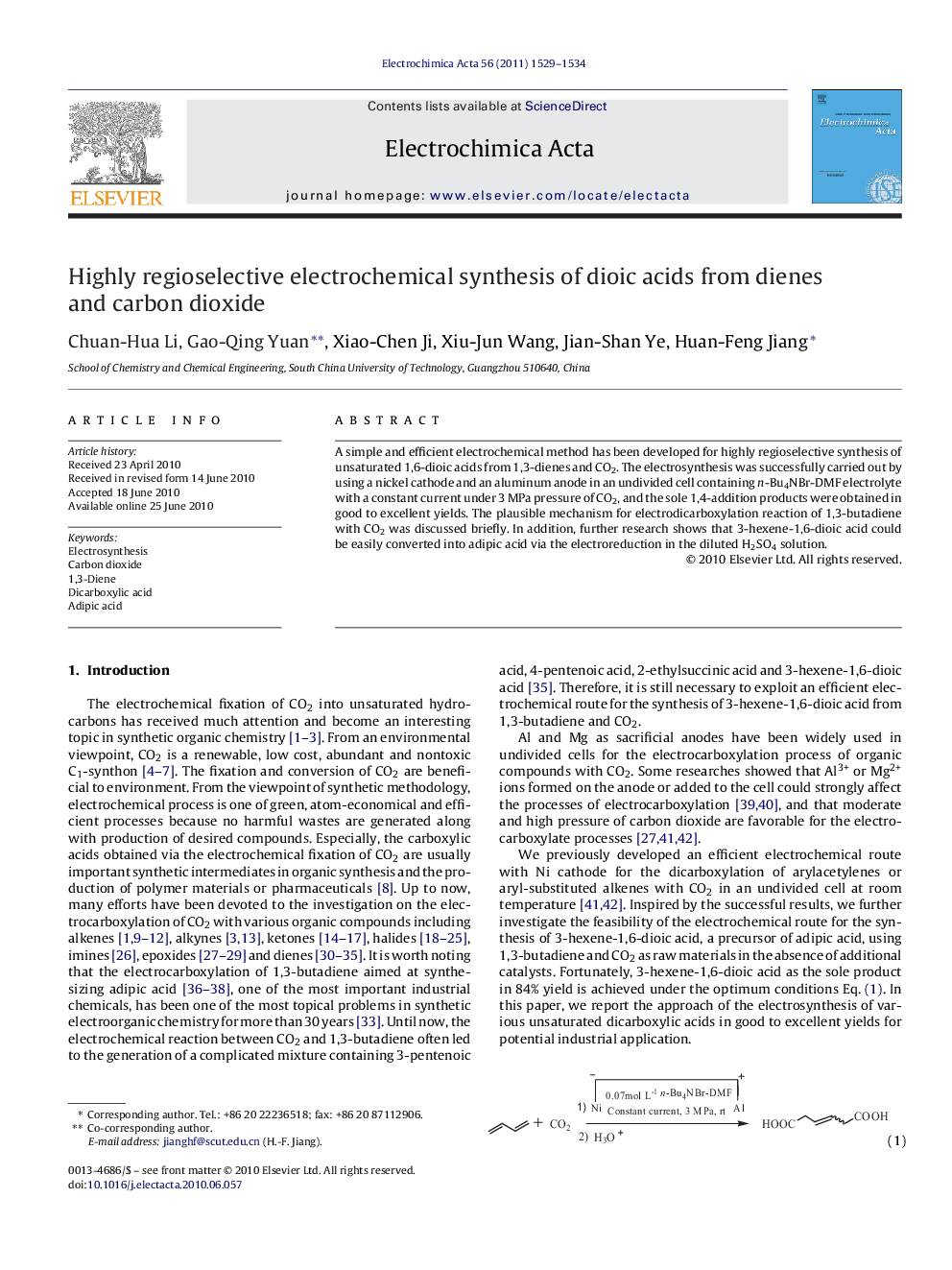 Highly regioselective electrochemical synthesis of dioic acids from dienes and carbon dioxide