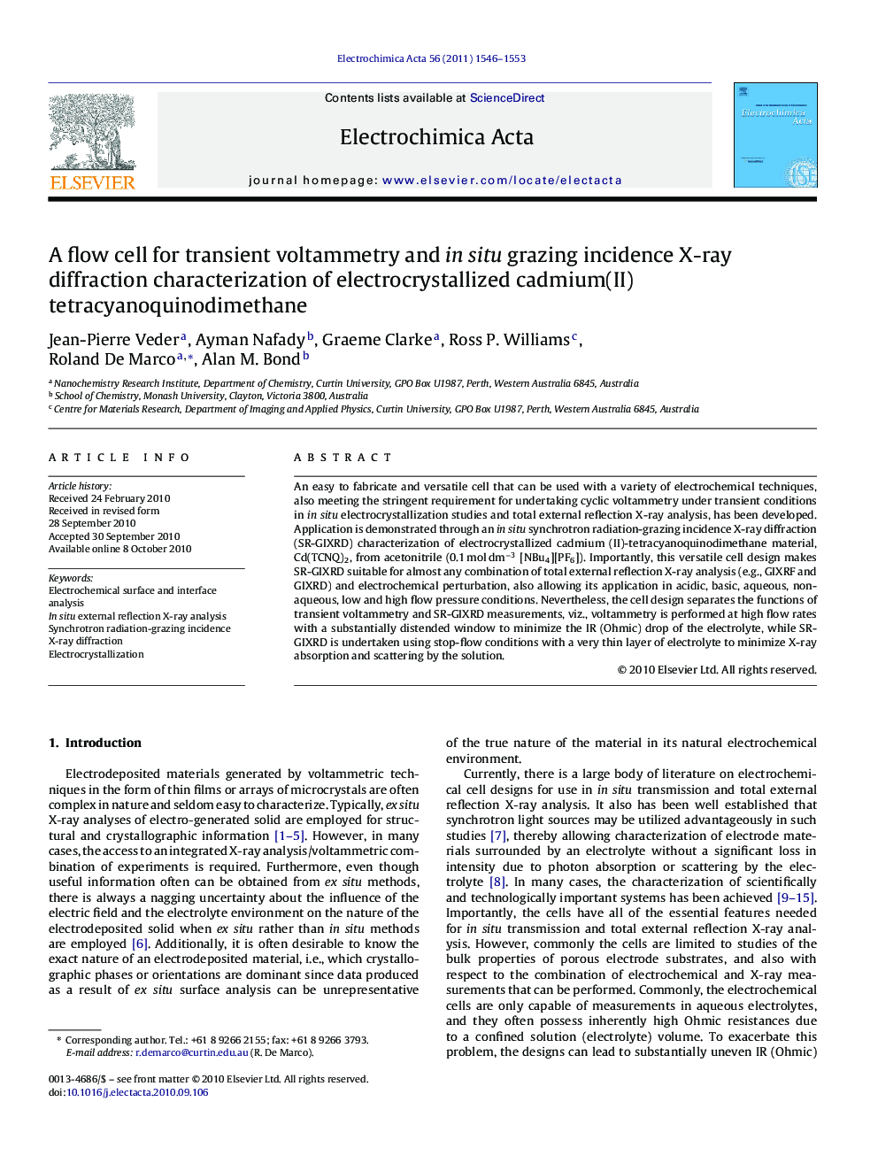 A flow cell for transient voltammetry and in situ grazing incidence X-ray diffraction characterization of electrocrystallized cadmium(II) tetracyanoquinodimethane