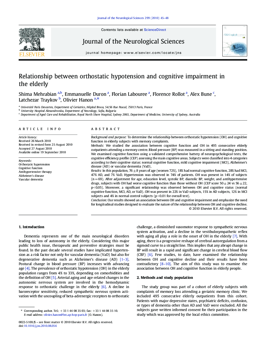 Relationship between orthostatic hypotension and cognitive impairment in the elderly