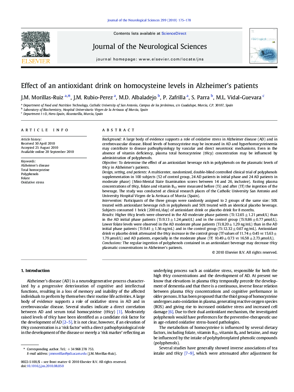 Effect of an antioxidant drink on homocysteine levels in Alzheimer's patients