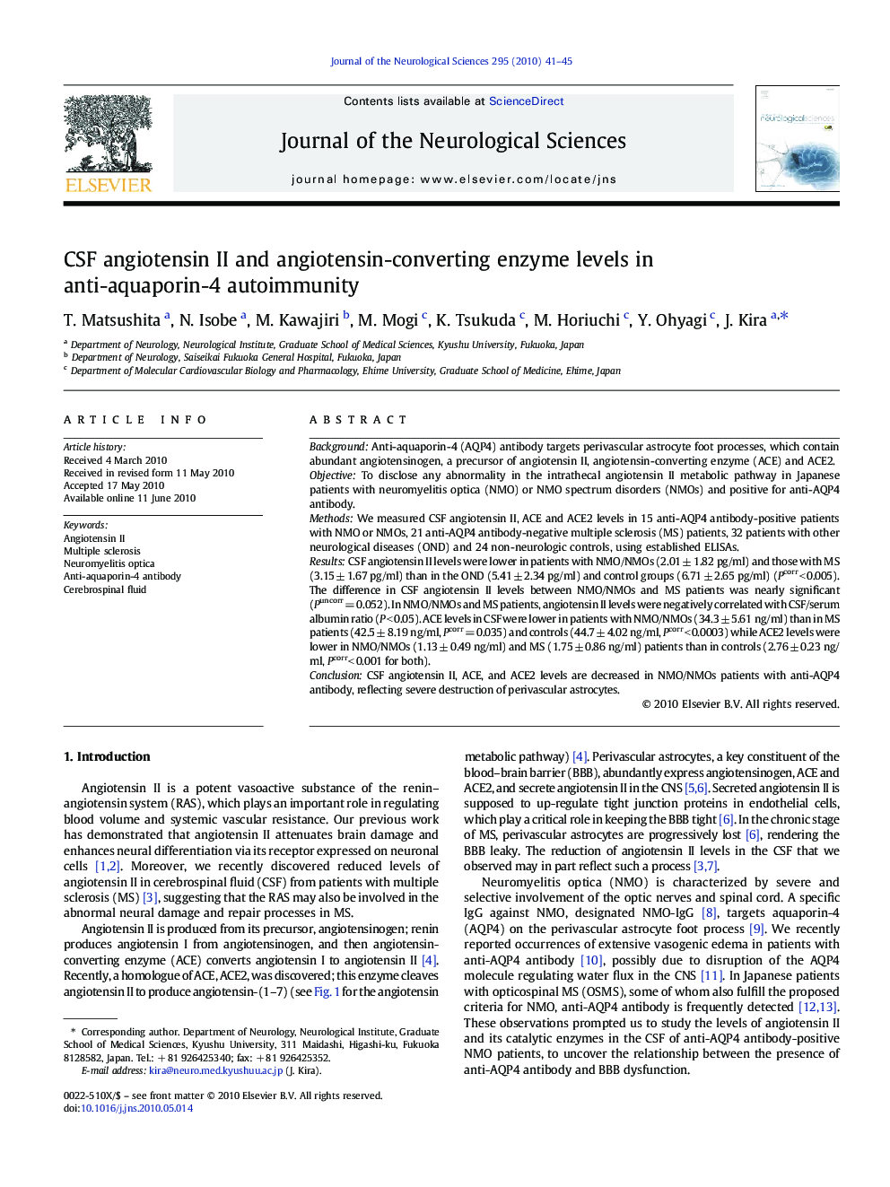 CSF angiotensin II and angiotensin-converting enzyme levels in anti-aquaporin-4 autoimmunity