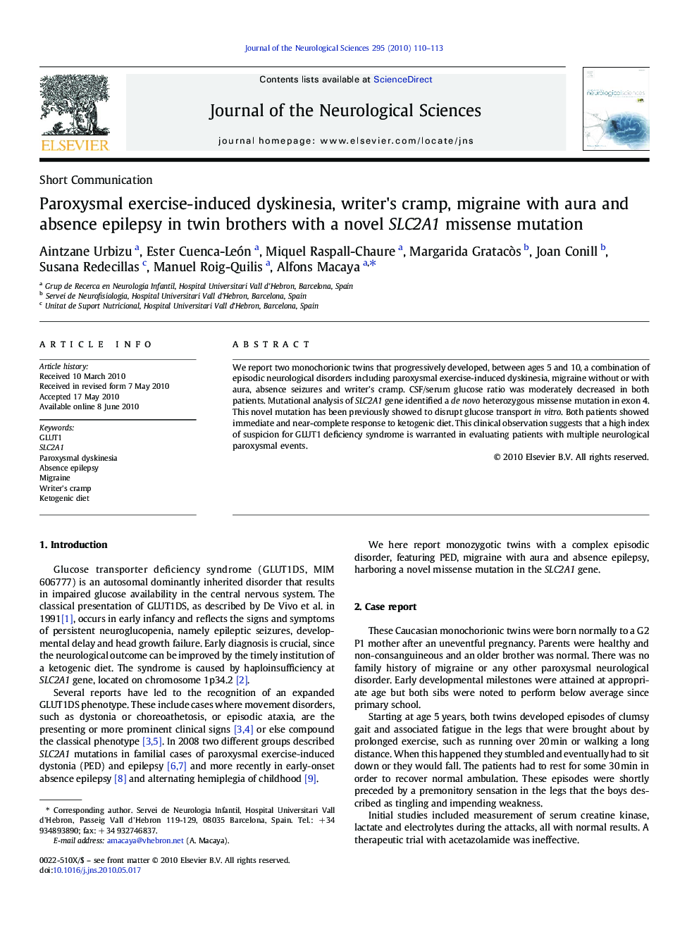 Paroxysmal exercise-induced dyskinesia, writer's cramp, migraine with aura and absence epilepsy in twin brothers with a novel SLC2A1 missense mutation