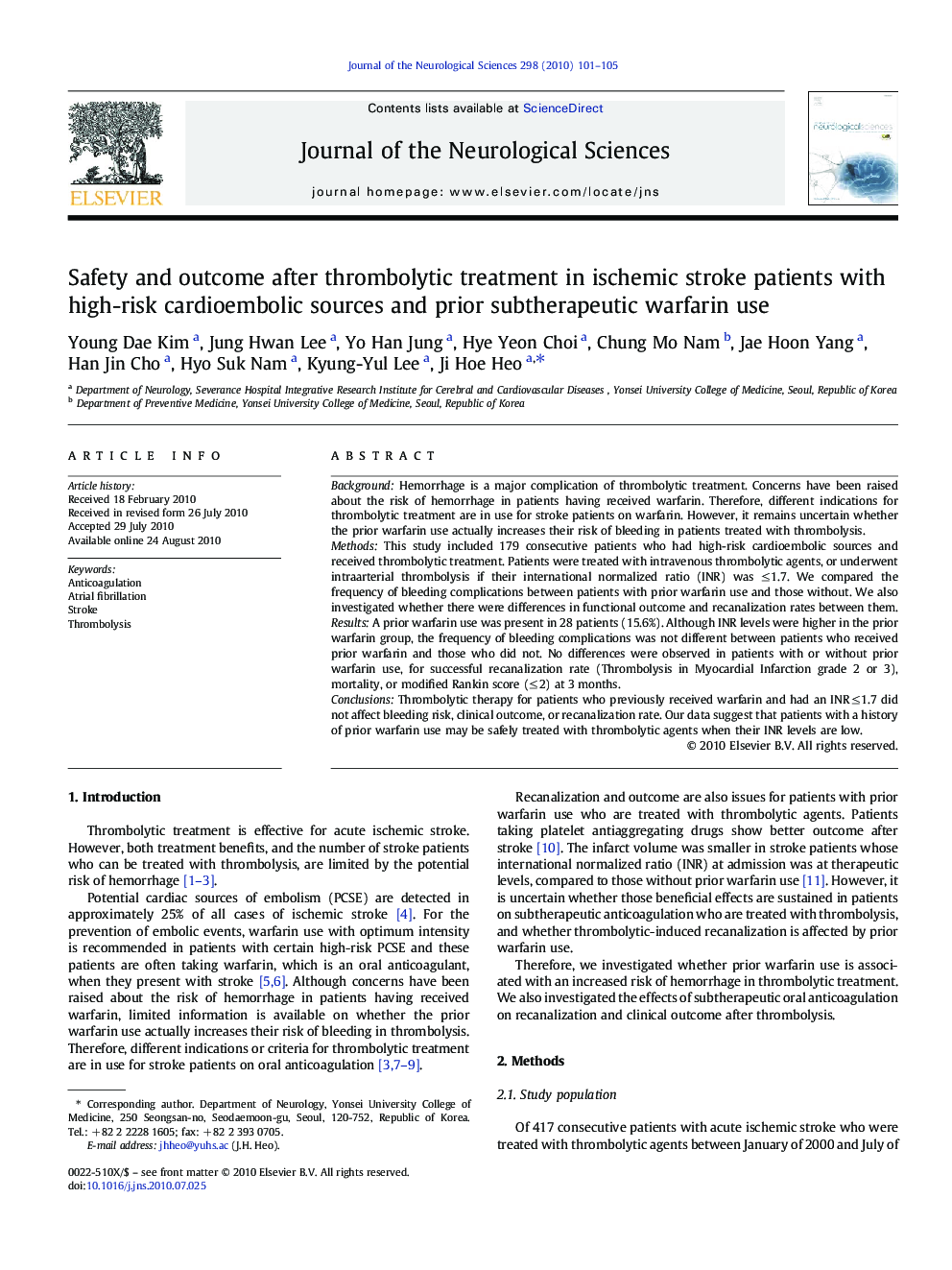 Safety and outcome after thrombolytic treatment in ischemic stroke patients with high-risk cardioembolic sources and prior subtherapeutic warfarin use