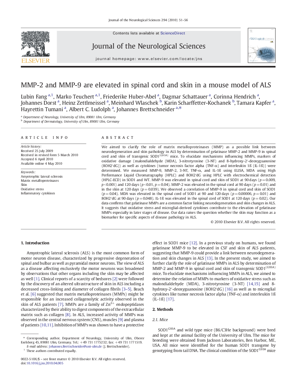 MMP-2 and MMP-9 are elevated in spinal cord and skin in a mouse model of ALS