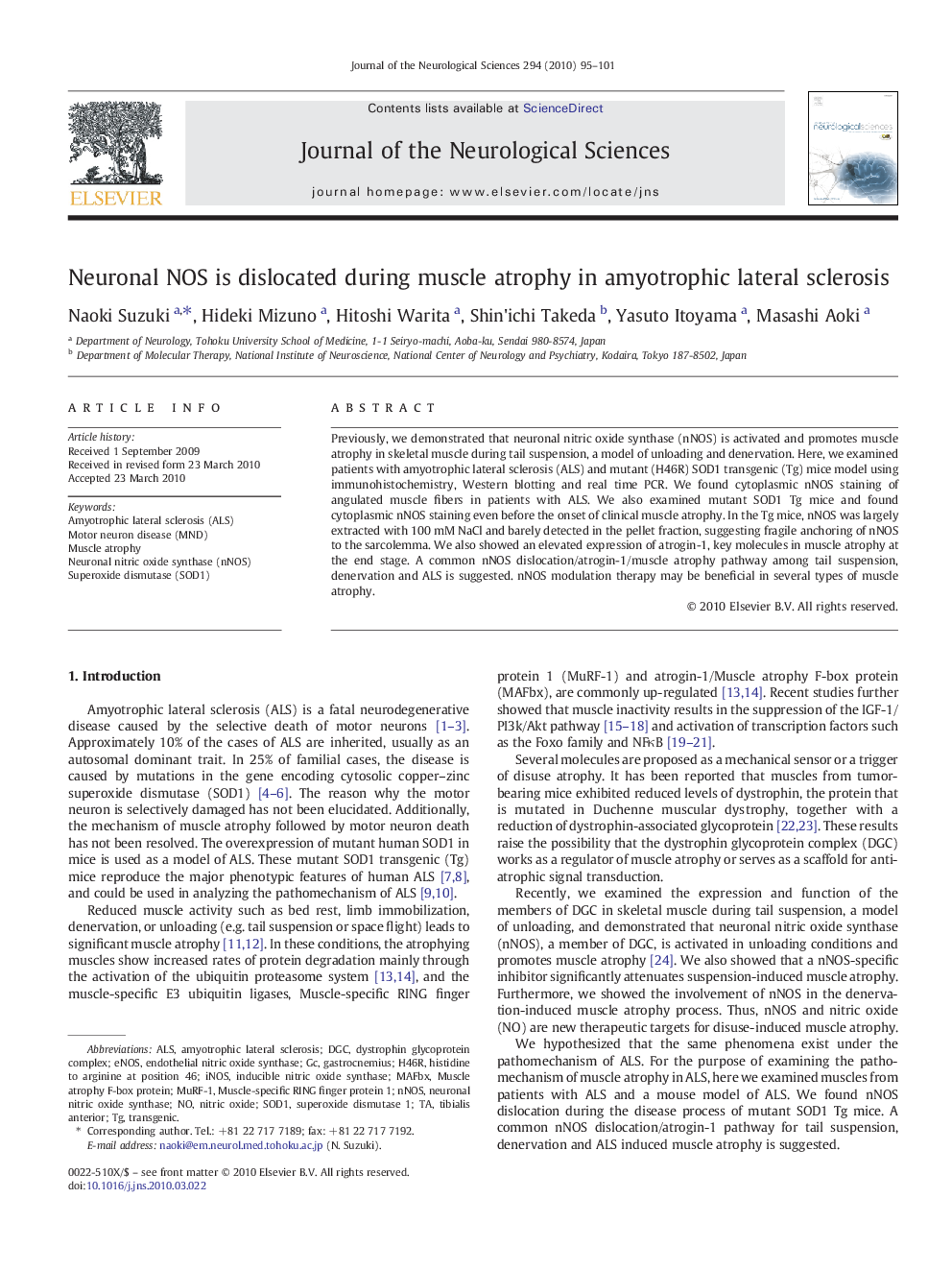 Neuronal NOS is dislocated during muscle atrophy in amyotrophic lateral sclerosis