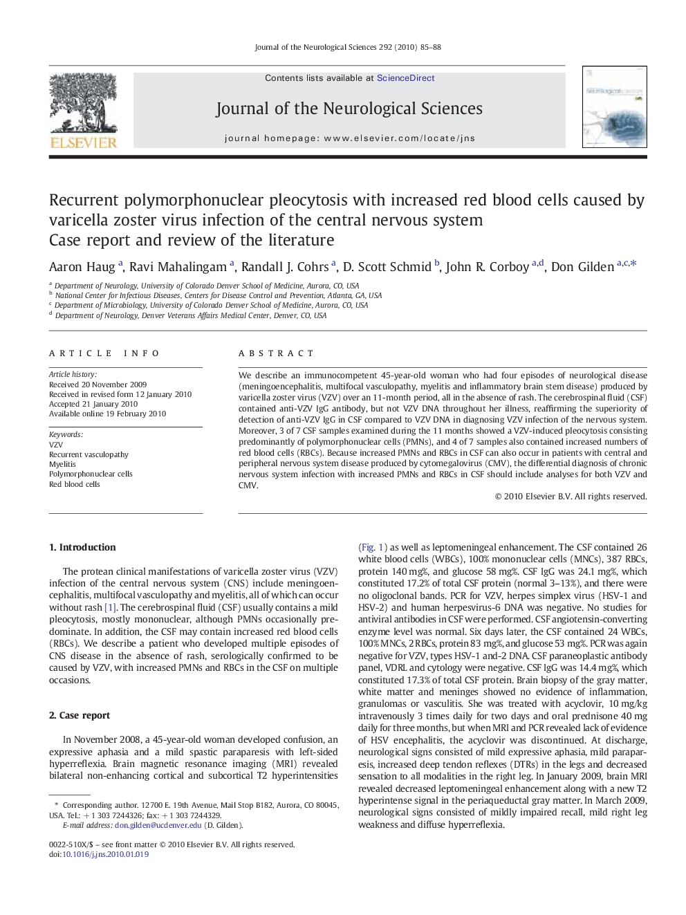 Recurrent polymorphonuclear pleocytosis with increased red blood cells caused by varicella zoster virus infection of the central nervous system: Case report and review of the literature