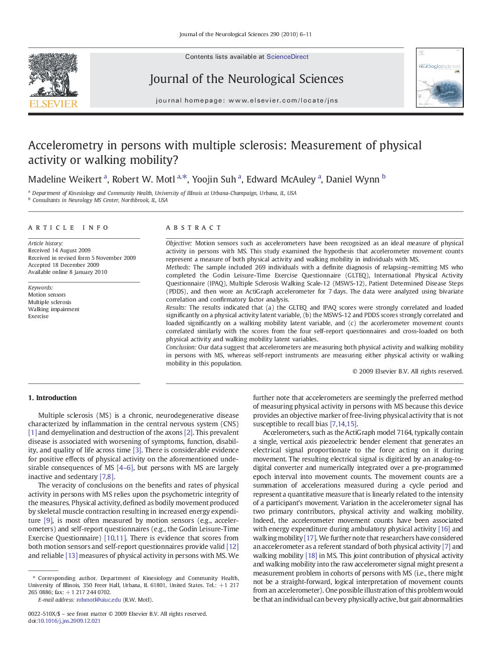 Accelerometry in persons with multiple sclerosis: Measurement of physical activity or walking mobility?