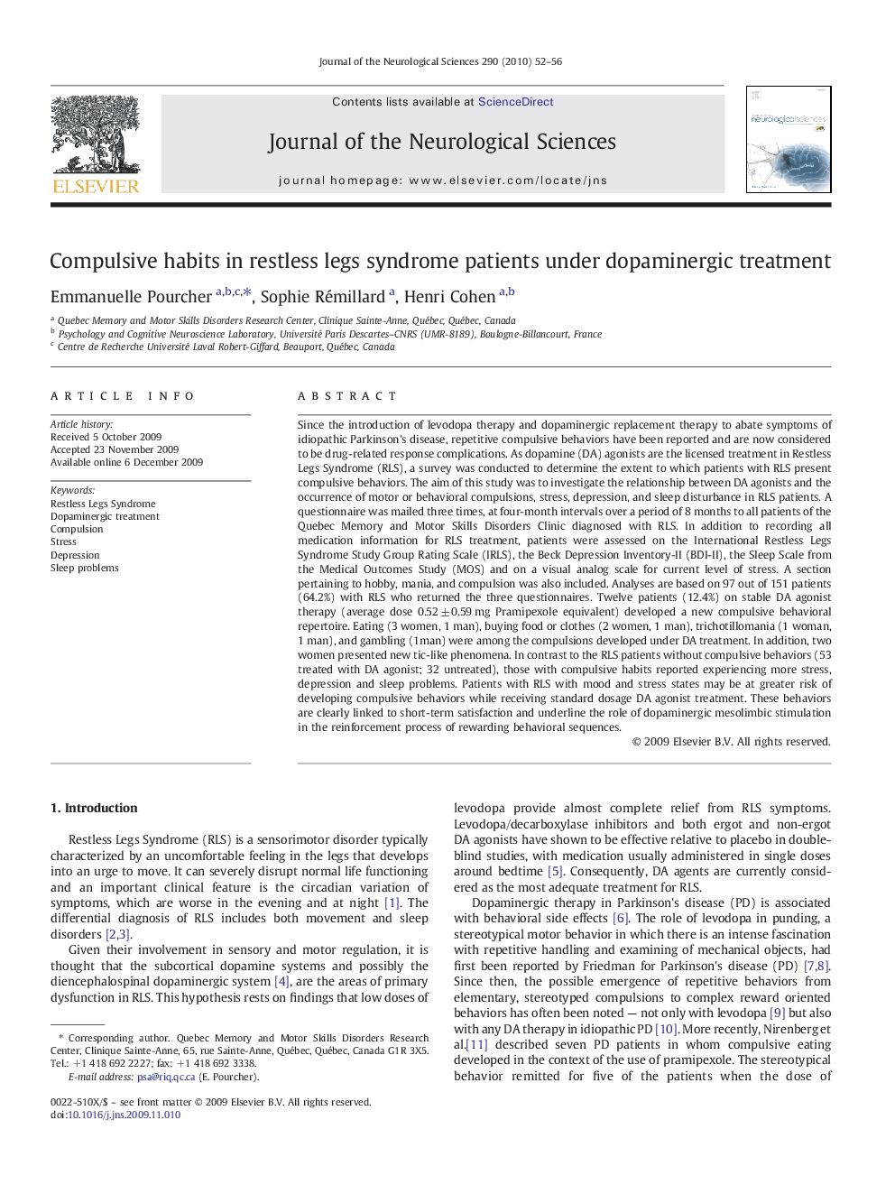 Compulsive habits in restless legs syndrome patients under dopaminergic treatment