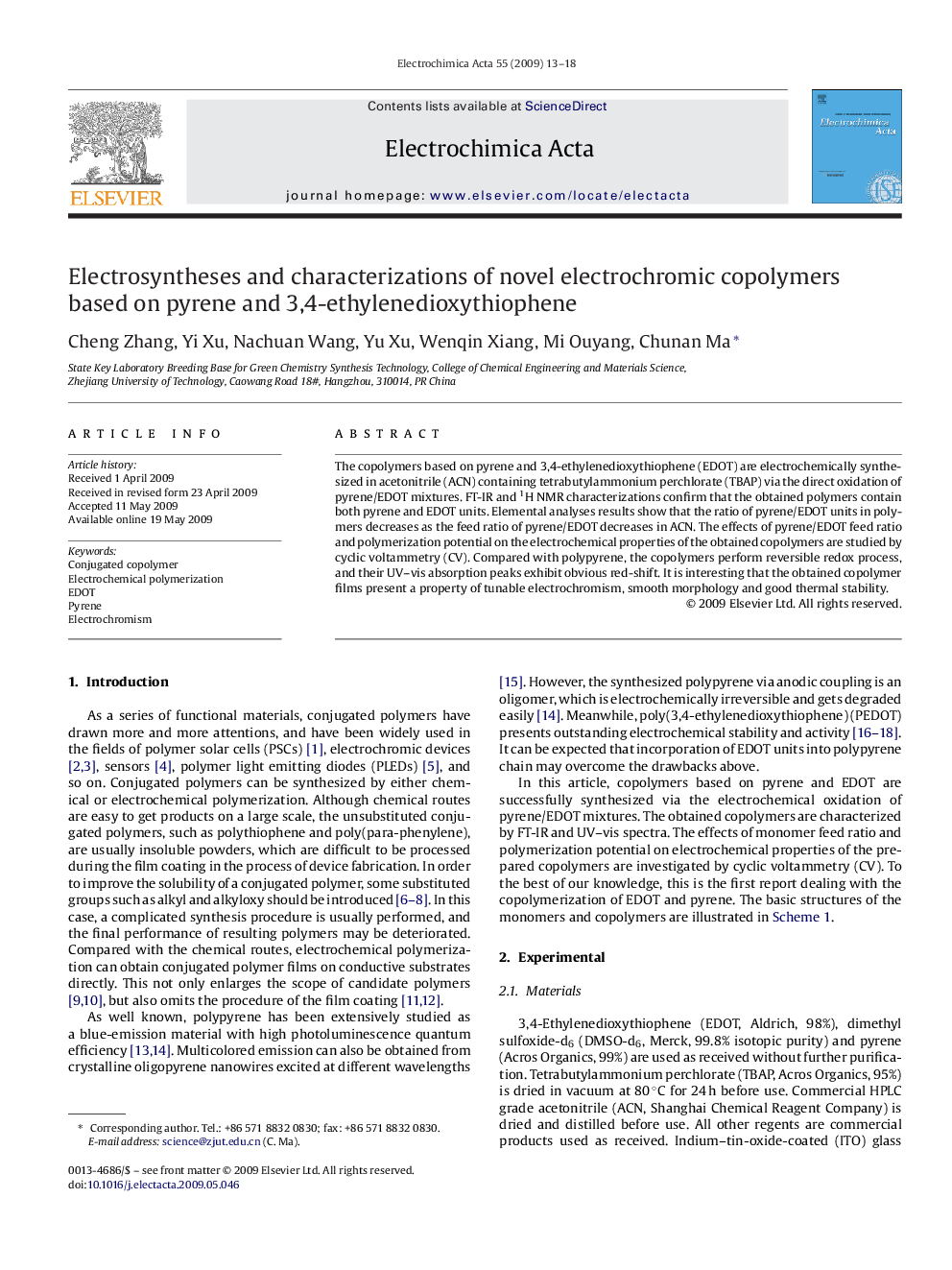 Electrosyntheses and characterizations of novel electrochromic copolymers based on pyrene and 3,4-ethylenedioxythiophene