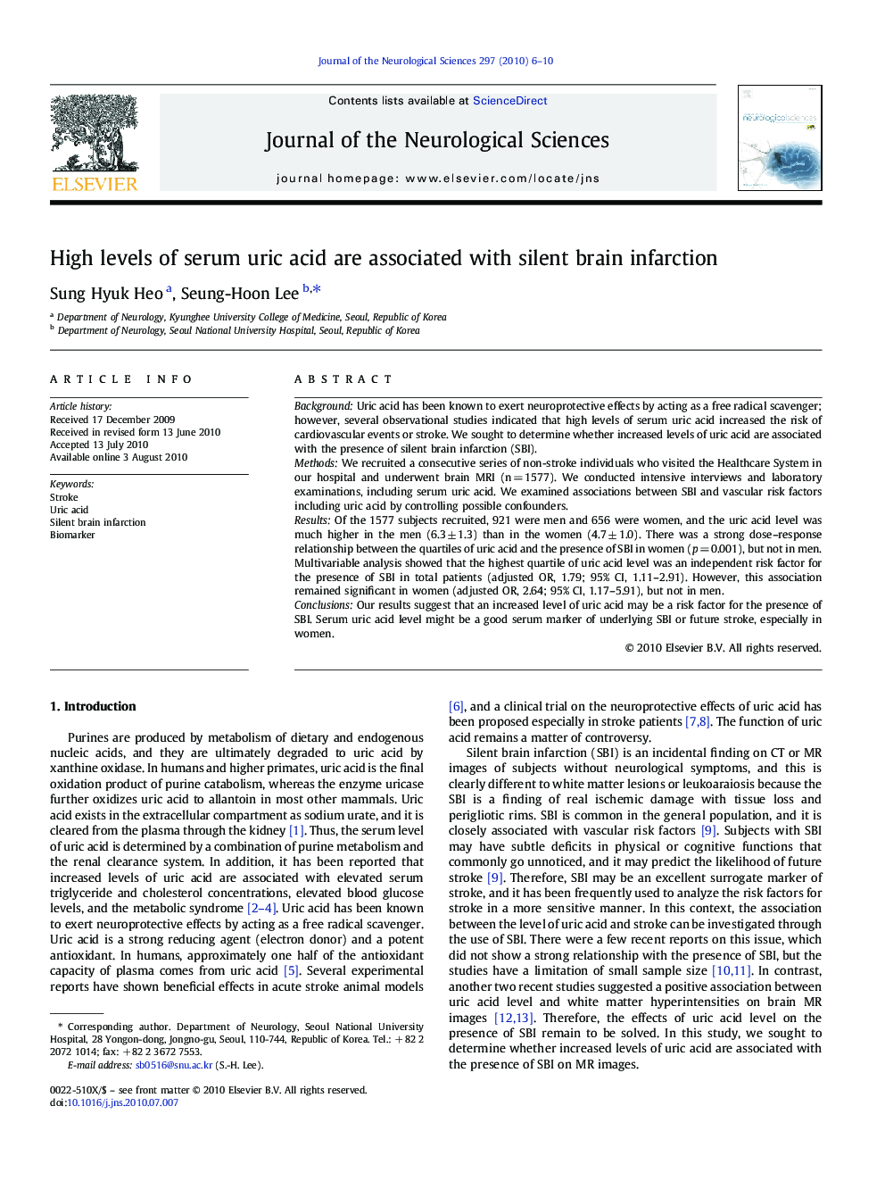 High levels of serum uric acid are associated with silent brain infarction