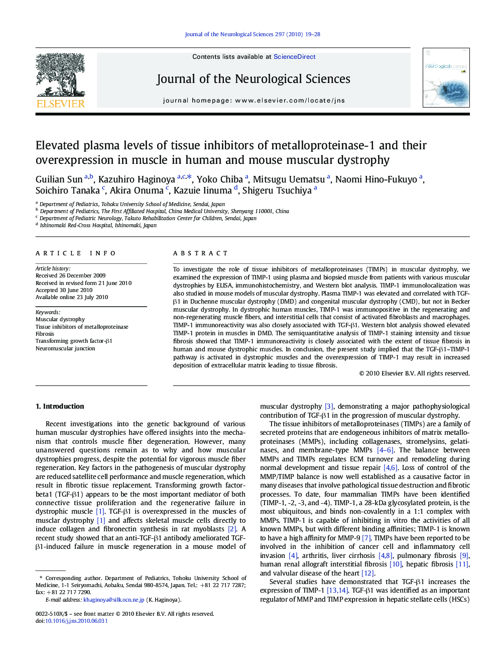 Elevated plasma levels of tissue inhibitors of metalloproteinase-1 and their overexpression in muscle in human and mouse muscular dystrophy