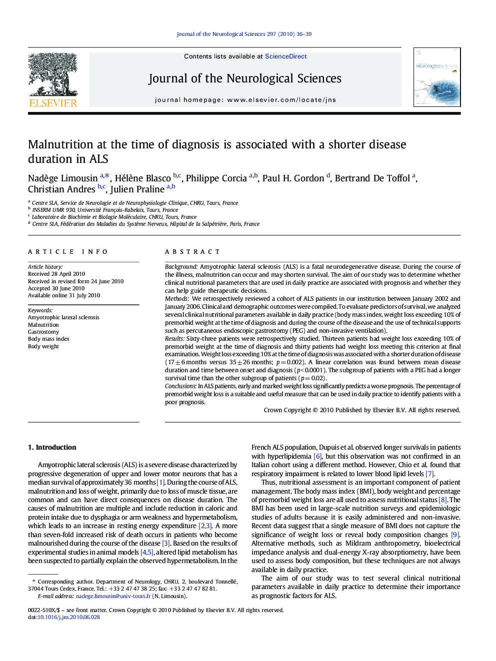 Malnutrition at the time of diagnosis is associated with a shorter disease duration in ALS