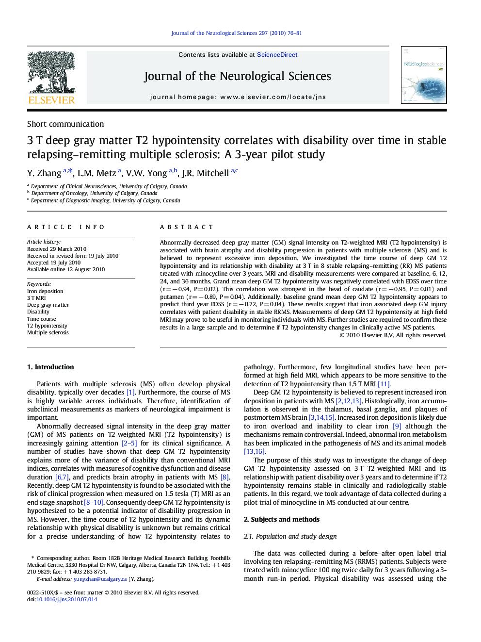 3 T deep gray matter T2 hypointensity correlates with disability over time in stable relapsing–remitting multiple sclerosis: A 3-year pilot study