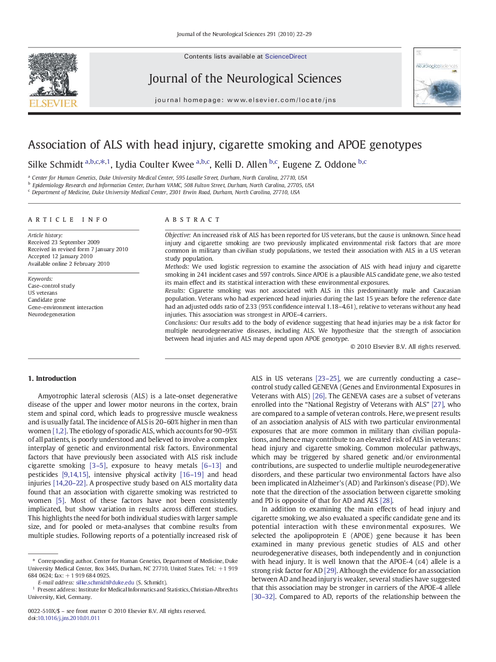 Association of ALS with head injury, cigarette smoking and APOE genotypes