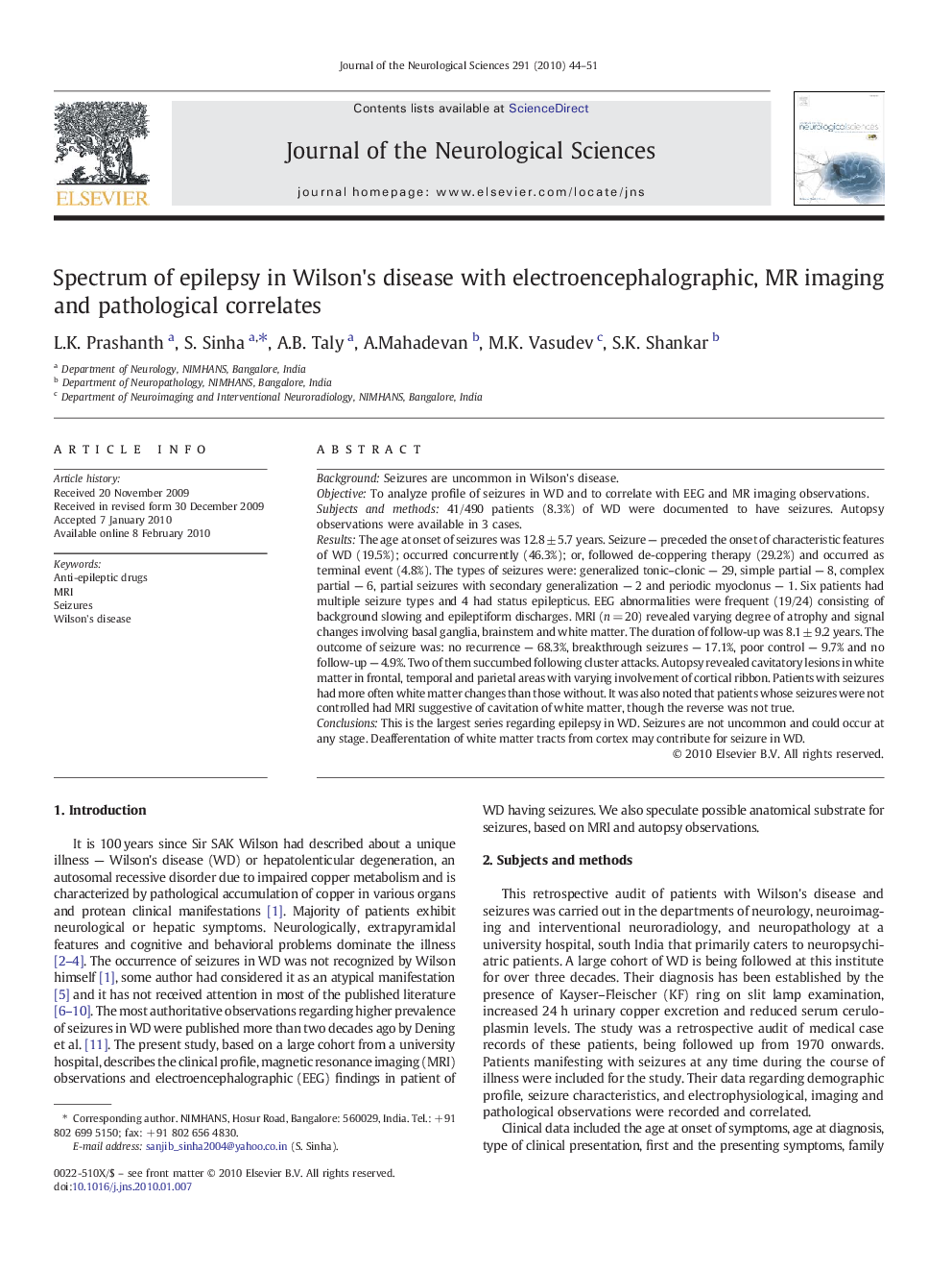 Spectrum of epilepsy in Wilson's disease with electroencephalographic, MR imaging and pathological correlates