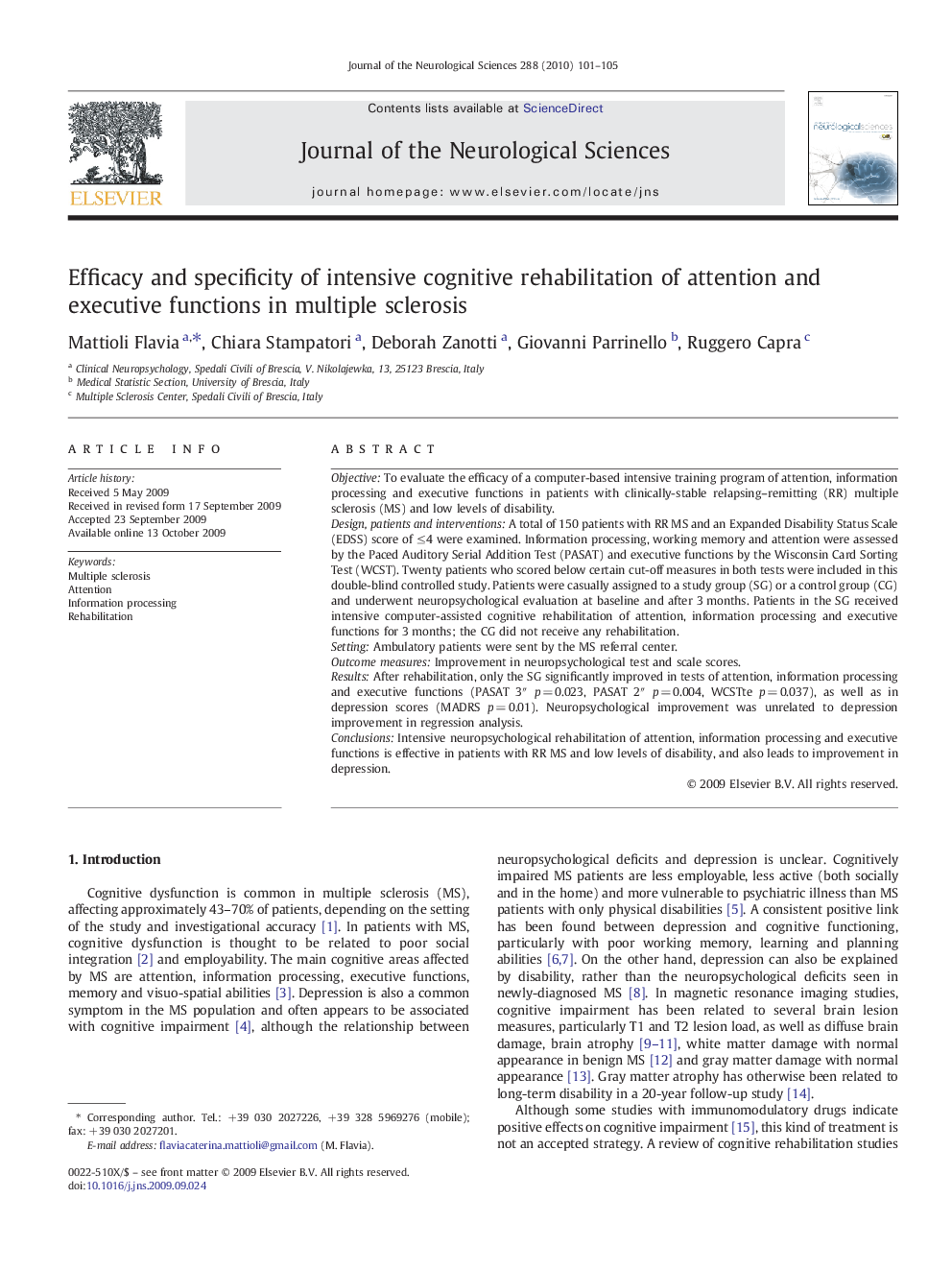 Efficacy and specificity of intensive cognitive rehabilitation of attention and executive functions in multiple sclerosis