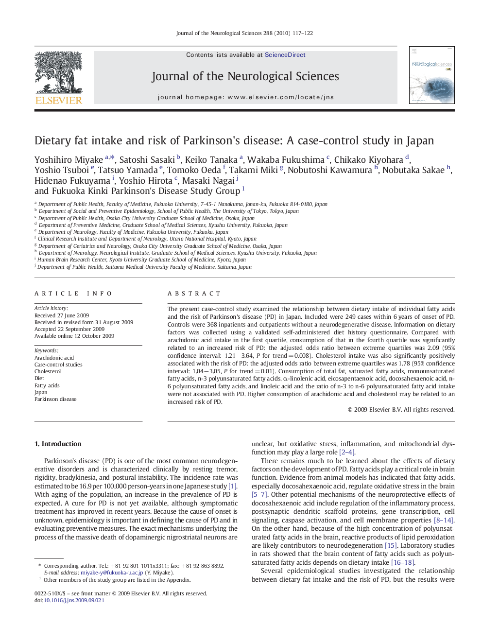 Dietary fat intake and risk of Parkinson's disease: A case-control study in Japan