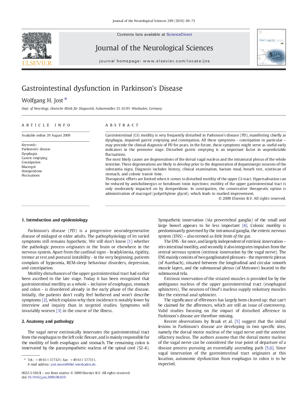 Gastrointestinal dysfunction in Parkinson's Disease