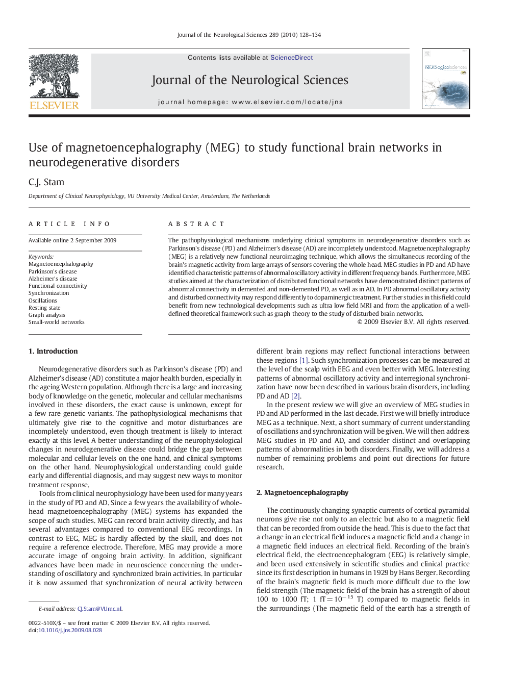 Use of magnetoencephalography (MEG) to study functional brain networks in neurodegenerative disorders