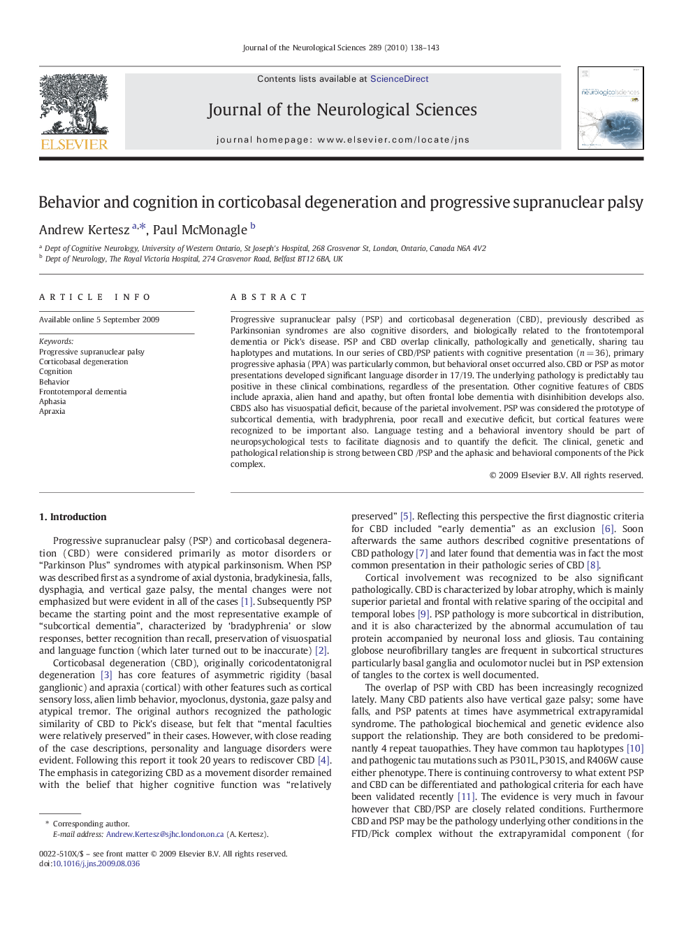 عکس صفحه اول مقاله: Behavior and cognition in corticobasal degeneration and progressive supranuclear palsy Behavior and cognition in corticobasal degeneration and progressive supranuclear palsy