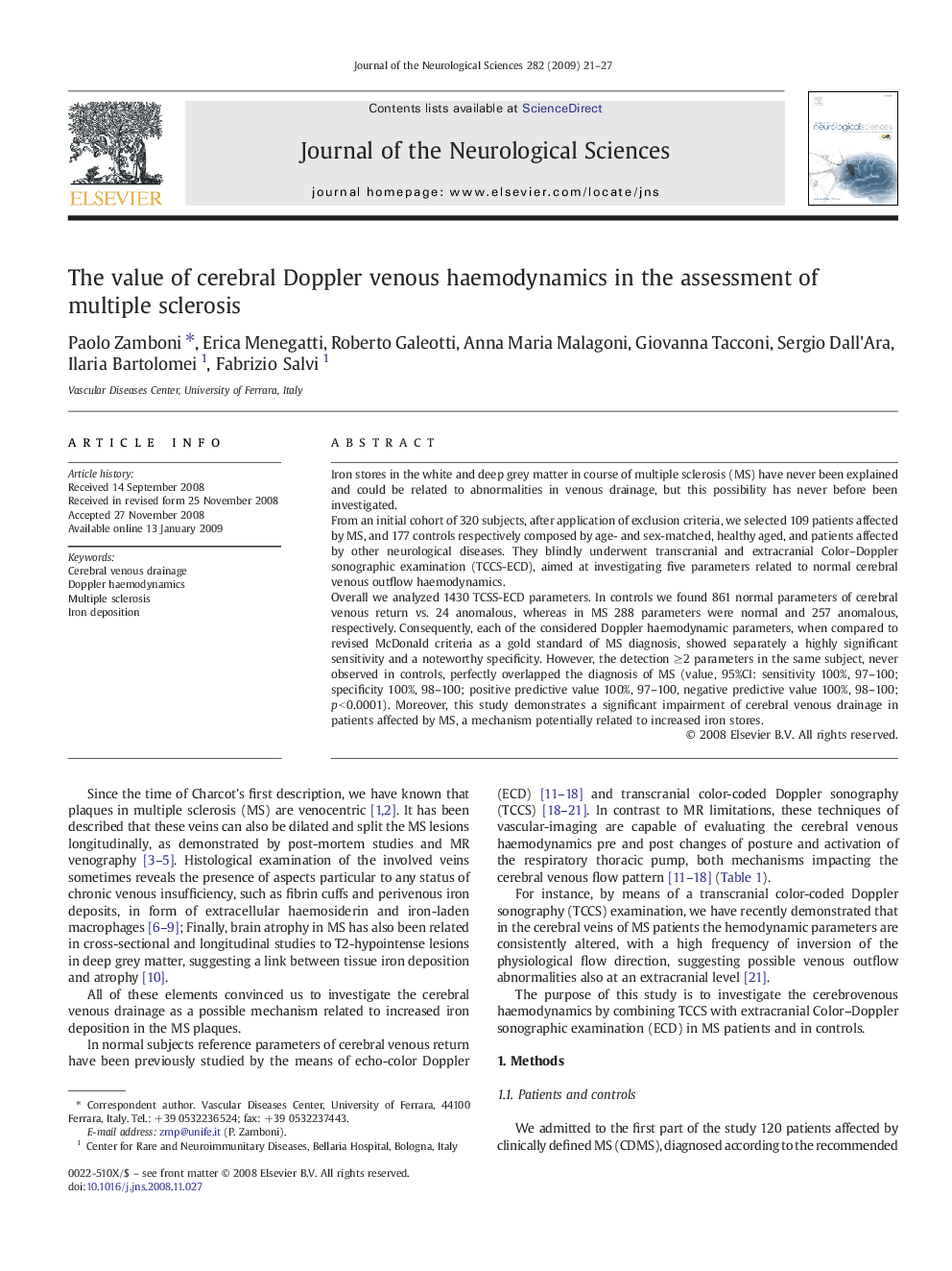 The value of cerebral Doppler venous haemodynamics in the assessment of multiple sclerosis