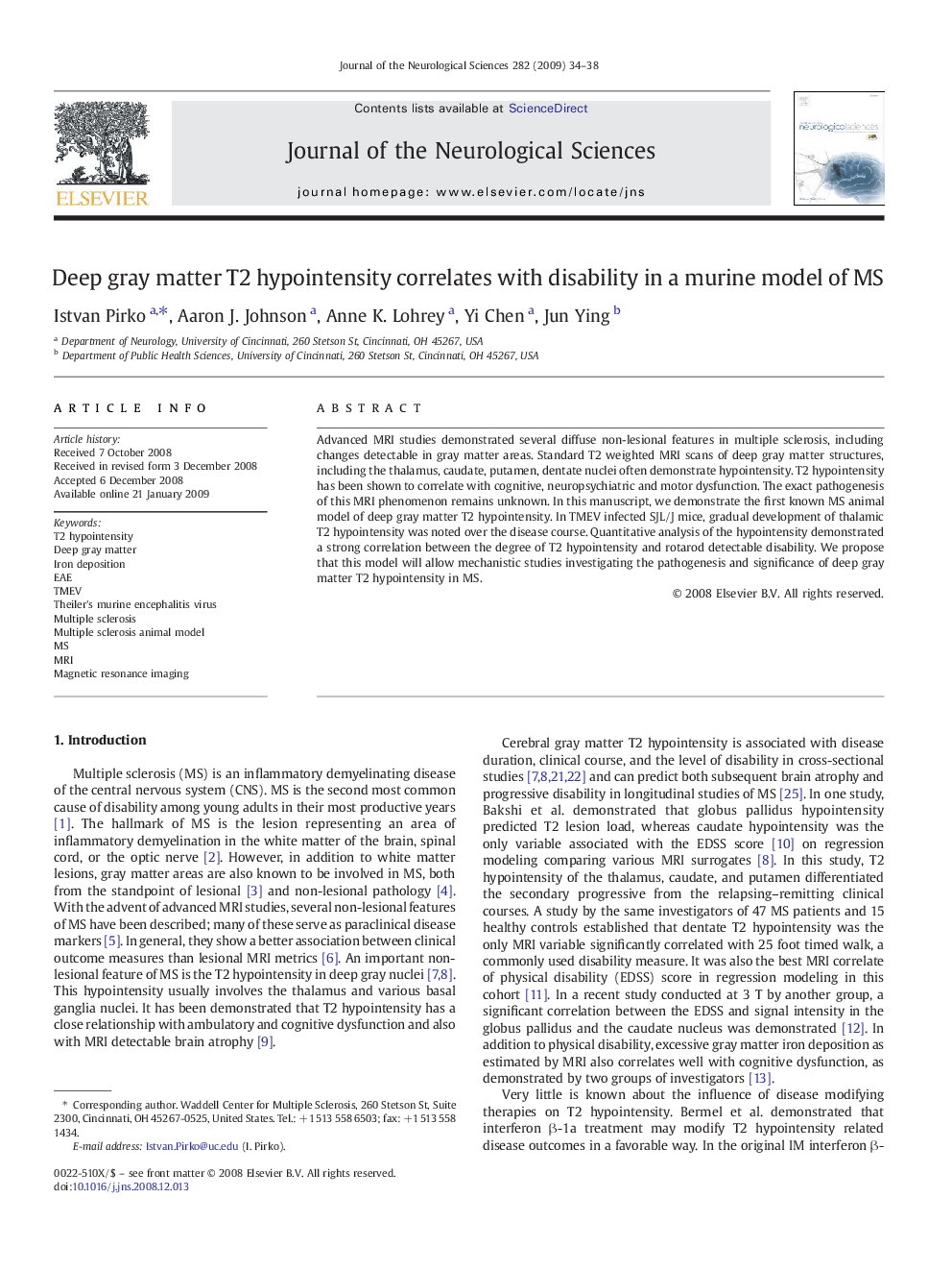 Deep gray matter T2 hypointensity correlates with disability in a murine model of MS