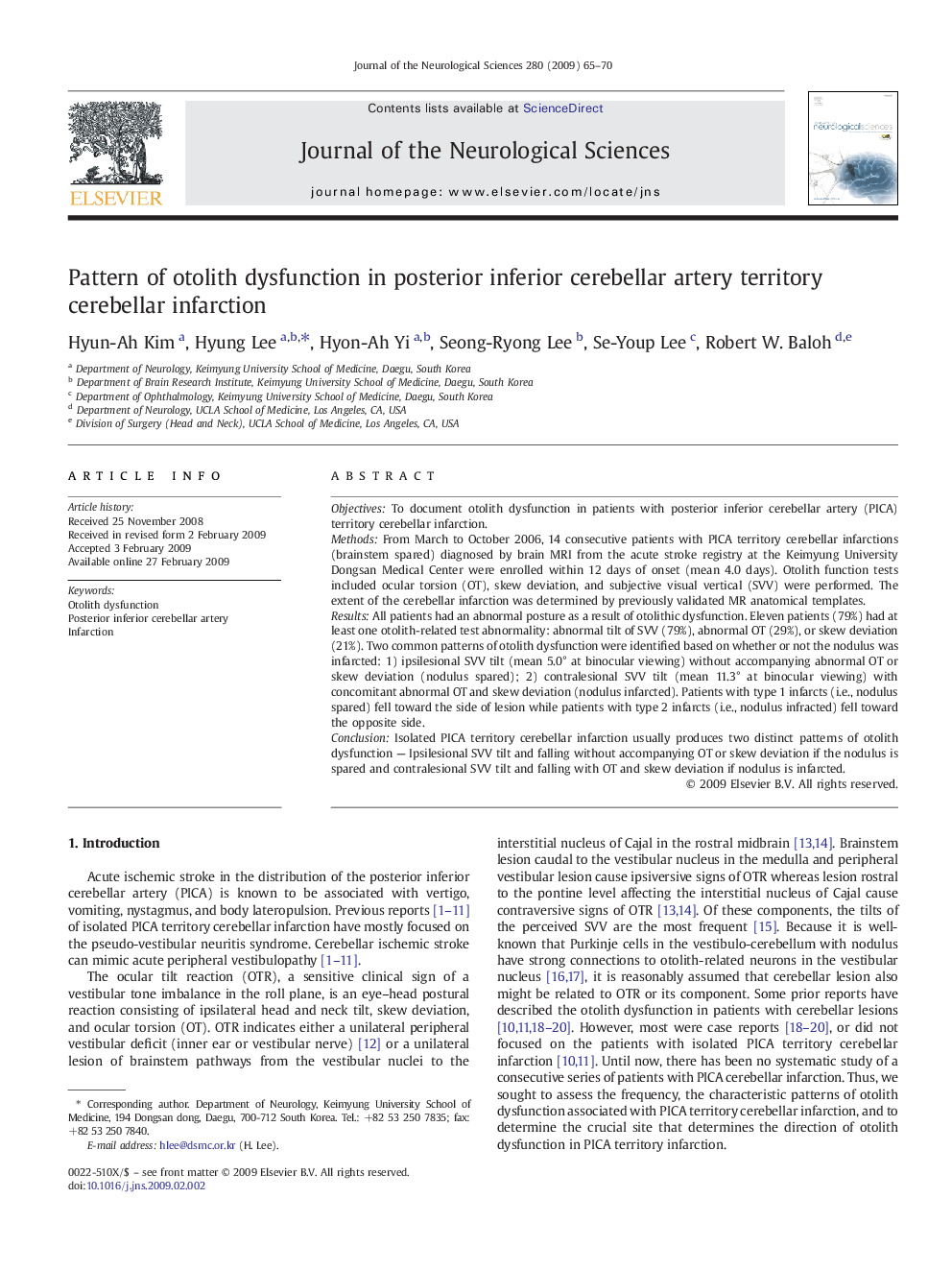 Pattern of otolith dysfunction in posterior inferior cerebellar artery territory cerebellar infarction