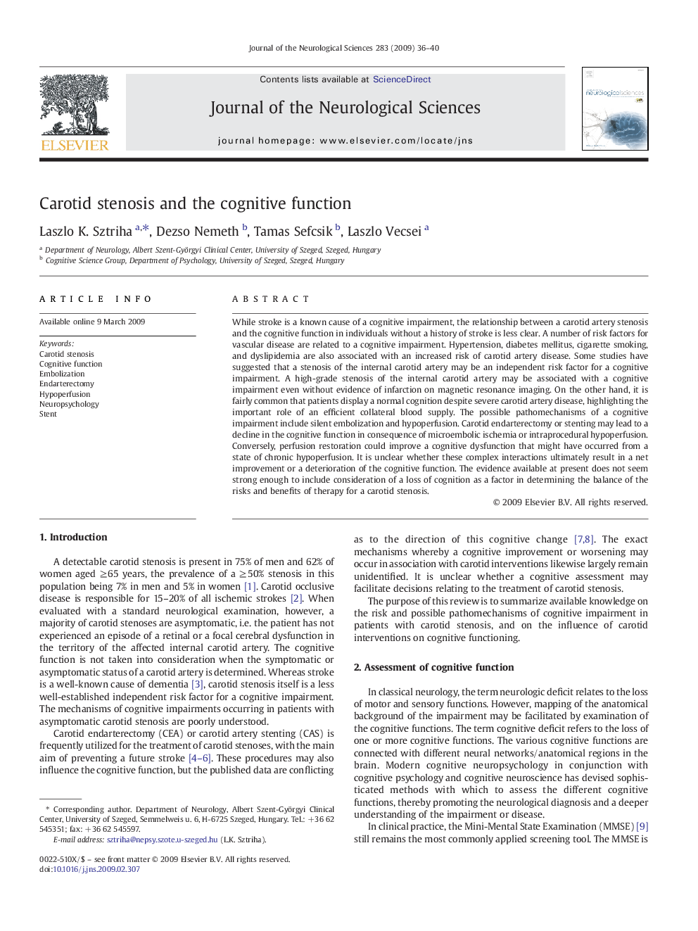 Carotid stenosis and the cognitive function