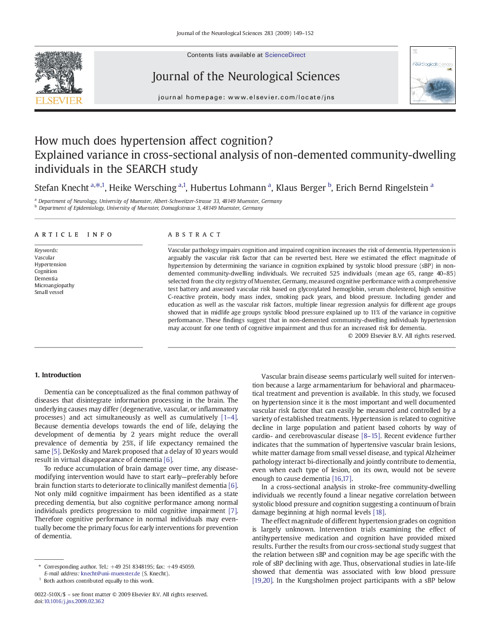 How much does hypertension affect cognition?: Explained variance in cross-sectional analysis of non-demented community-dwelling individuals in the SEARCH study