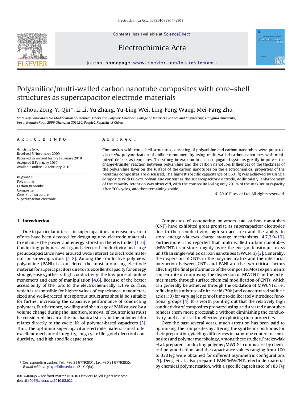 عکس صفحه اول مقاله: Polyaniline/multi-walled carbon nanotube composites with core–shell structures as supercapacitor electrode materials Polyaniline/multi-walled carbon nanotube composites with core–shell structures as supercapacitor electrode materials