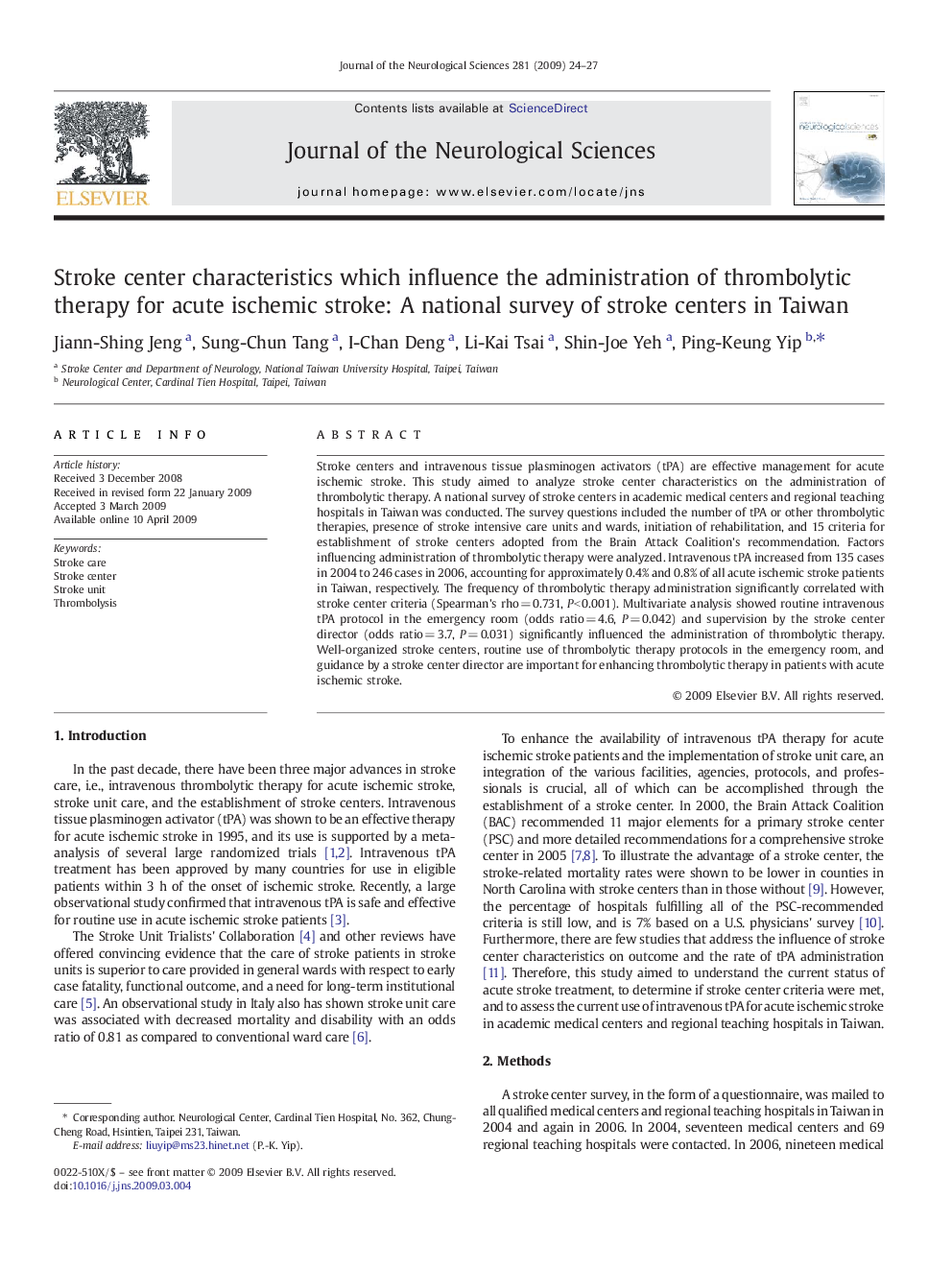 Stroke center characteristics which influence the administration of thrombolytic therapy for acute ischemic stroke: A national survey of stroke centers in Taiwan