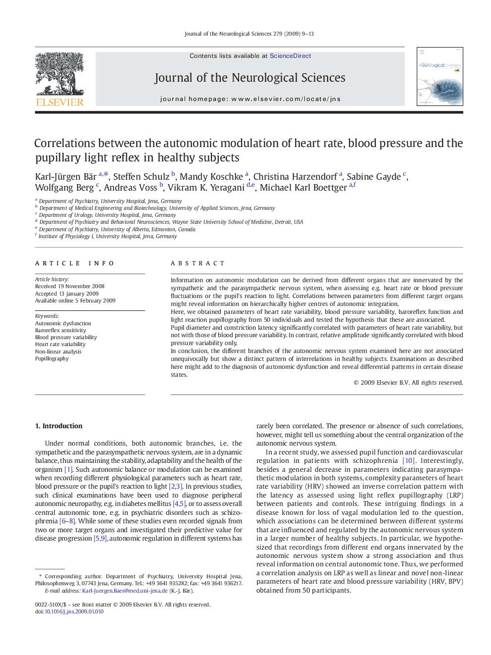 Correlations between the autonomic modulation of heart rate, blood pressure and the pupillary light reflex in healthy subjects