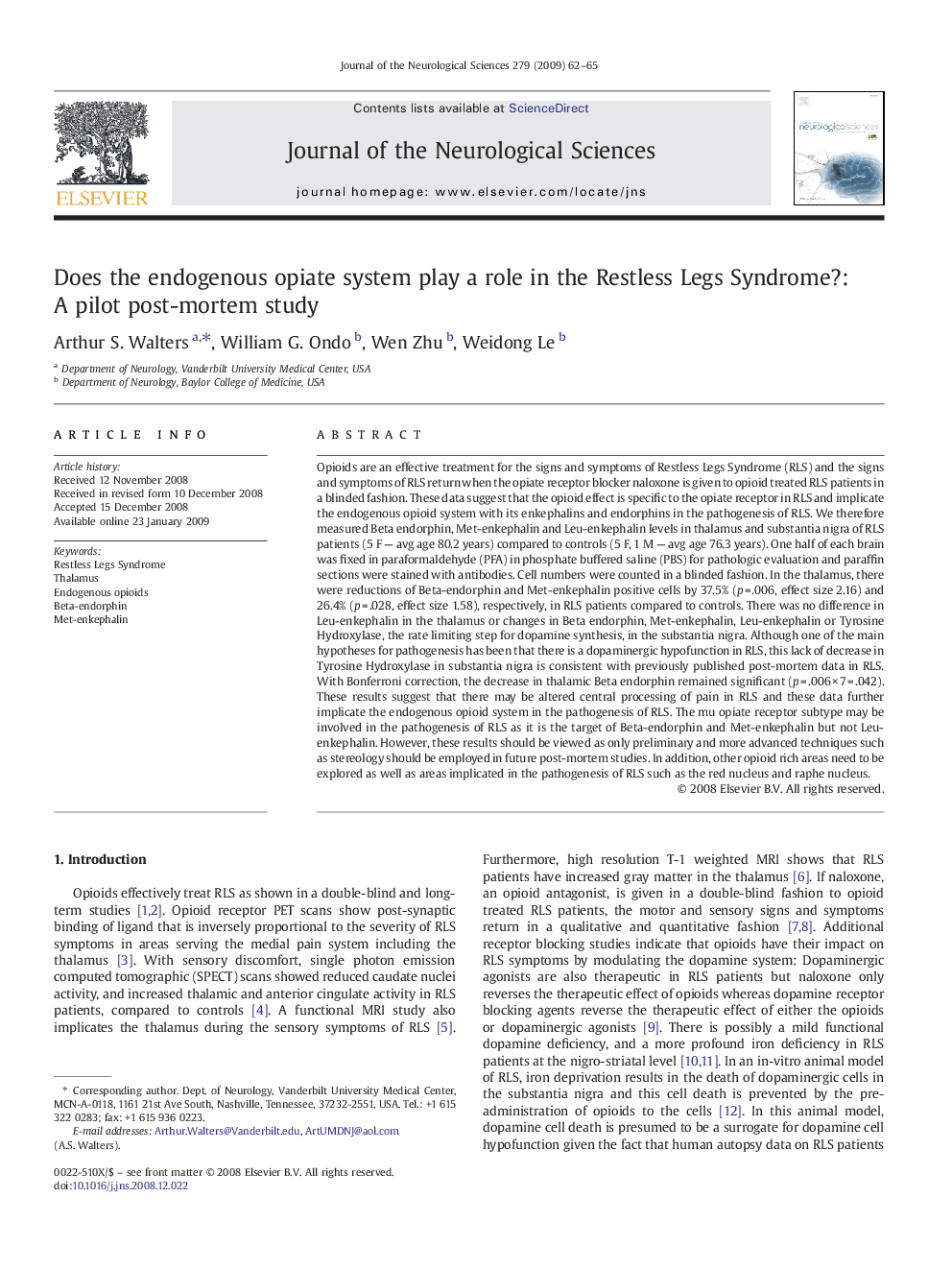 Does the endogenous opiate system play a role in the Restless Legs Syndrome?: A pilot post-mortem study