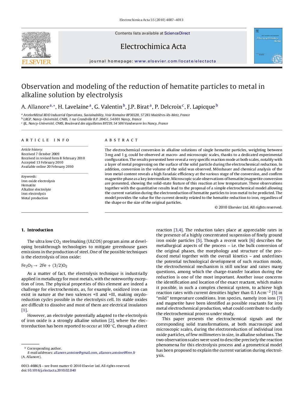 Observation and modeling of the reduction of hematite particles to metal in alkaline solution by electrolysis