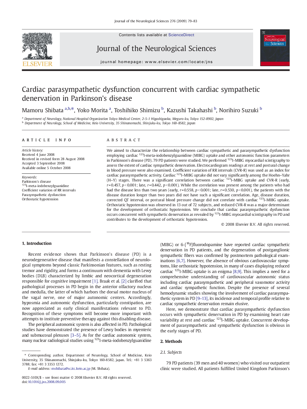 Cardiac parasympathetic dysfunction concurrent with cardiac sympathetic denervation in Parkinson's disease