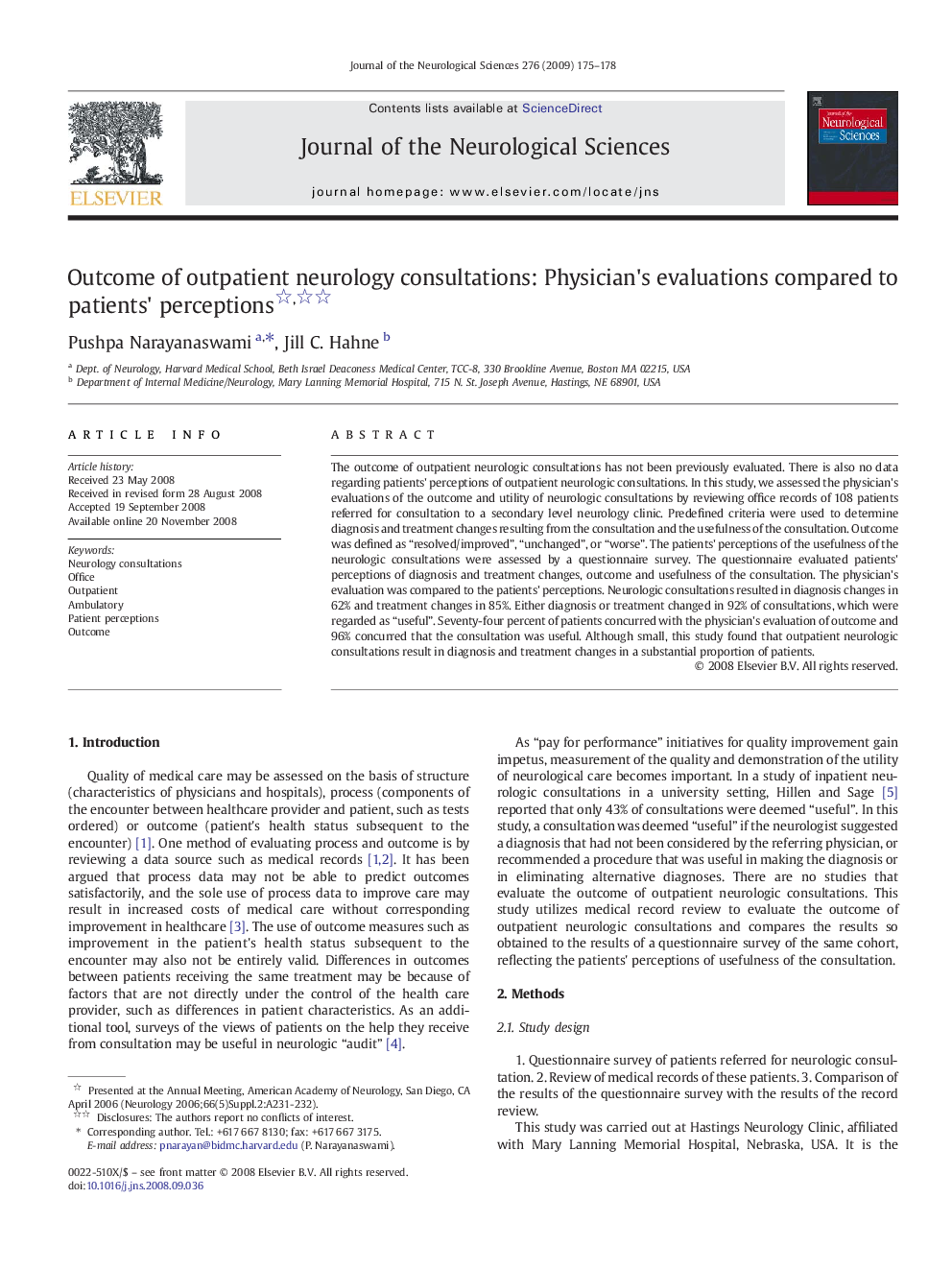 Outcome of outpatient neurology consultations: Physician's evaluations compared to patients' perceptions 