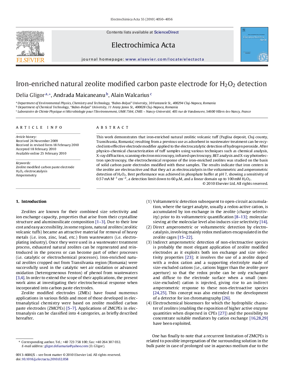 عکس صفحه اول مقاله: Iron-enriched natural zeolite modified carbon paste electrode for H2O2 detection Iron-enriched natural zeolite modified carbon paste electrode for H2O2 detection