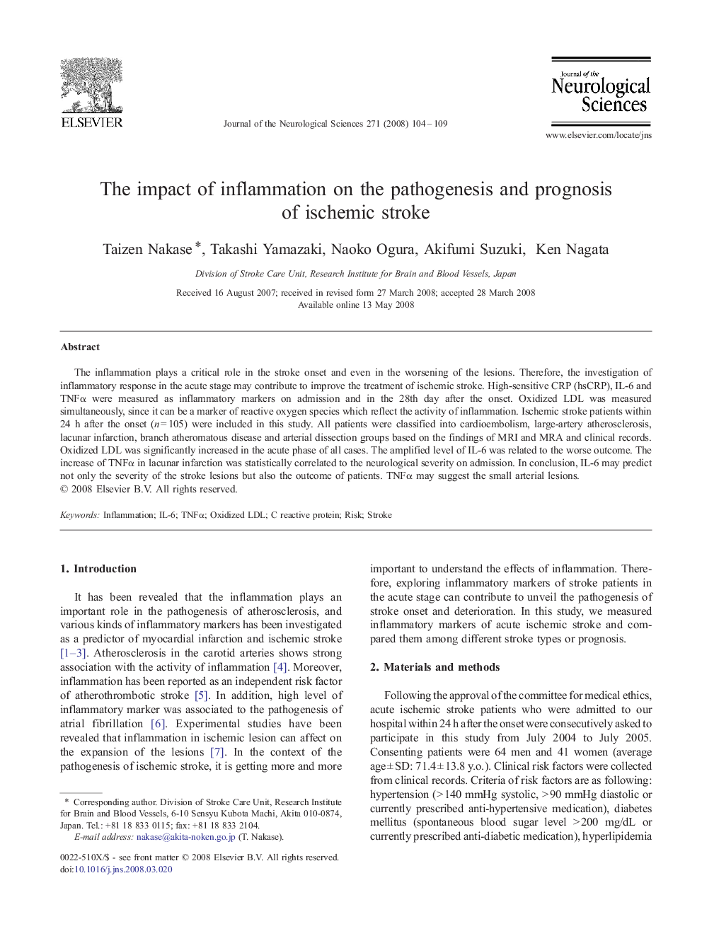 The impact of inflammation on the pathogenesis and prognosis of ischemic stroke