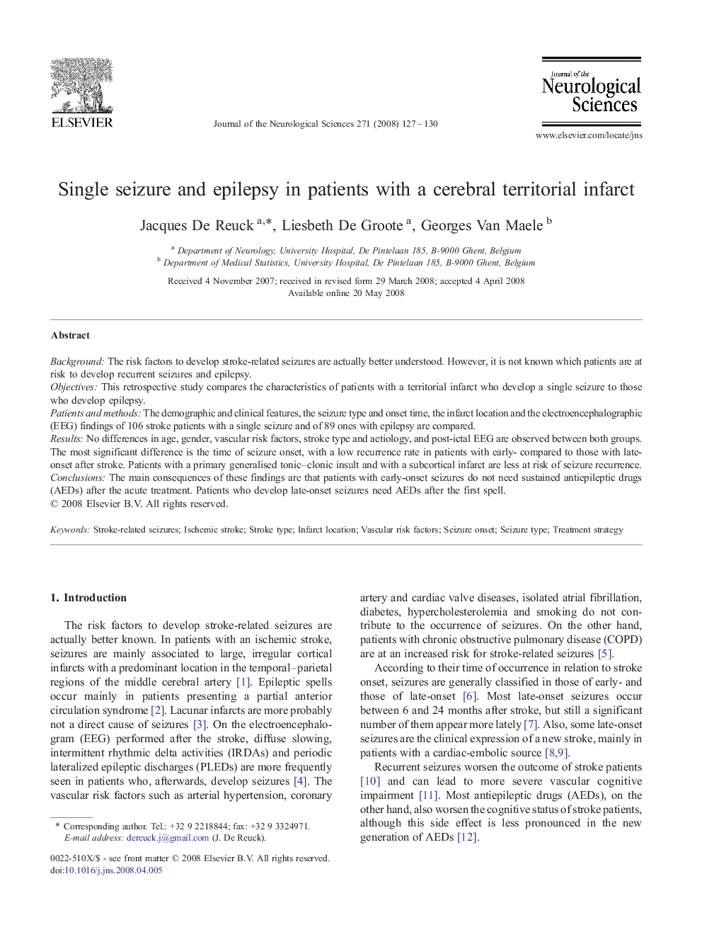 Single seizure and epilepsy in patients with a cerebral territorial infarct