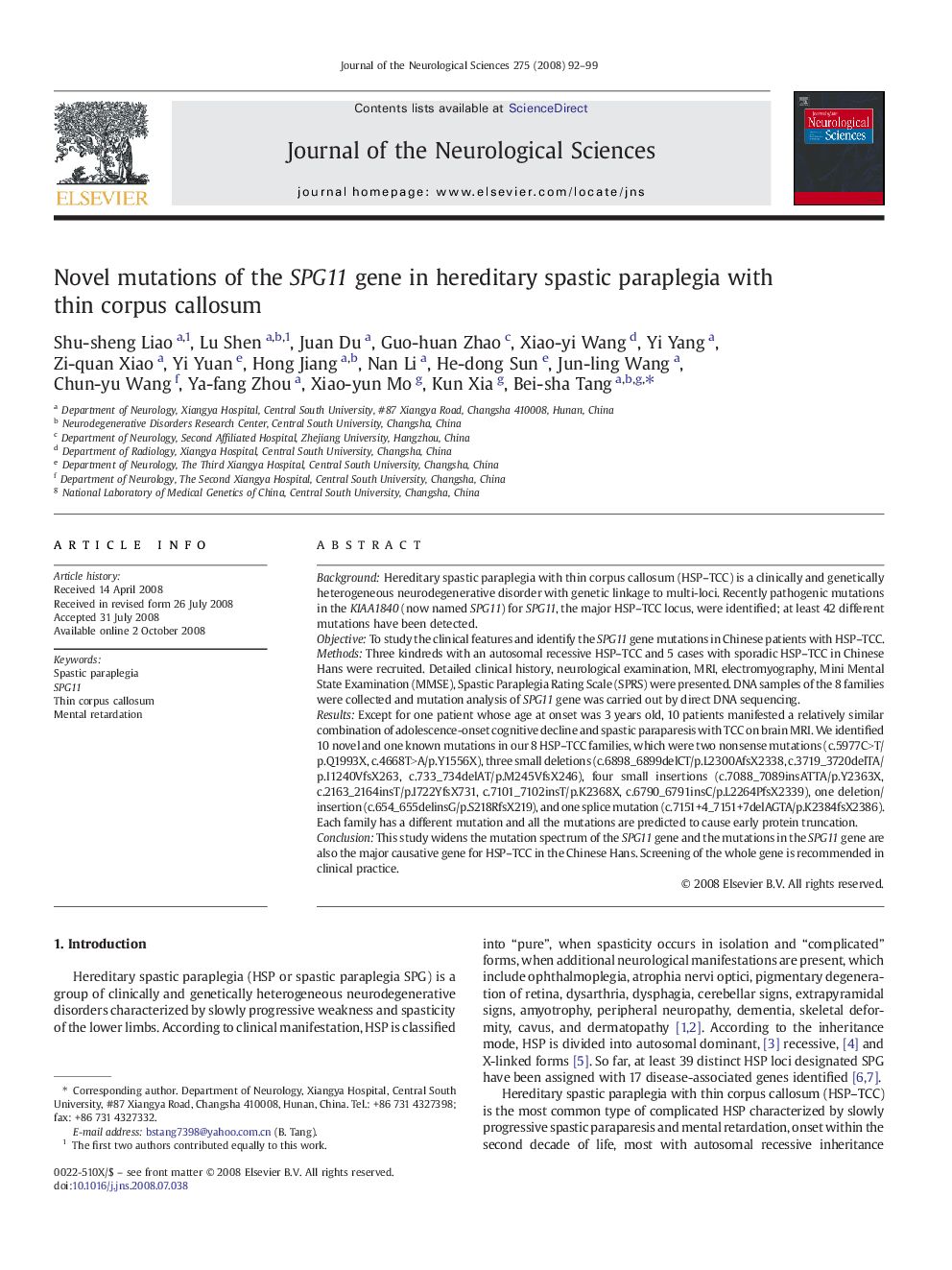 Novel mutations of the SPG11 gene in hereditary spastic paraplegia with thin corpus callosum